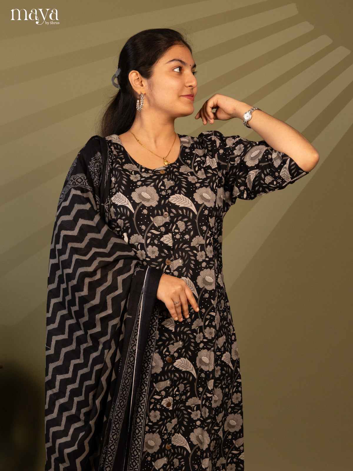 Black Cotton 3Pc Salwar Suit with Floral Print - Top, Bottom & Dupatta