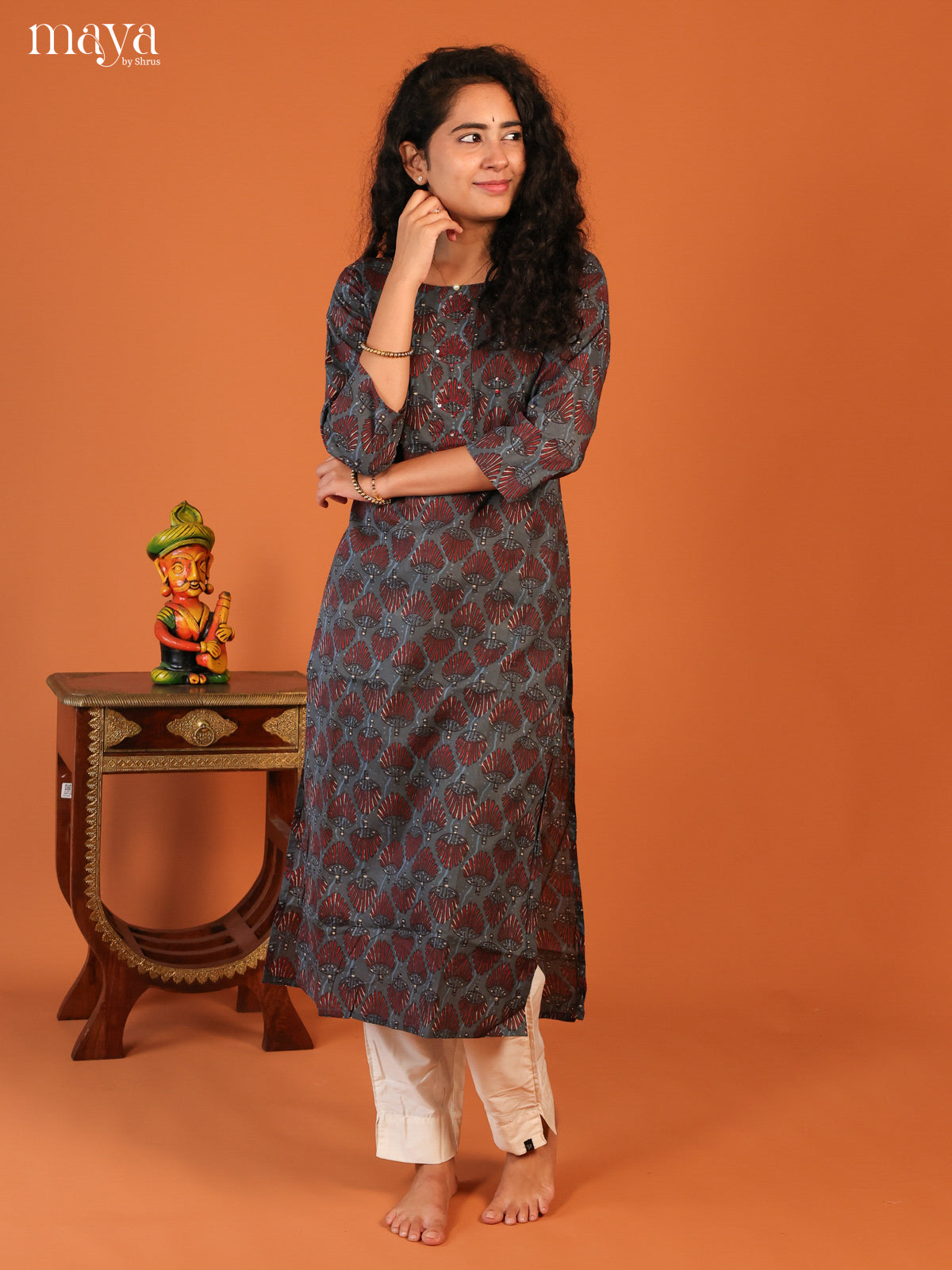 Grey Floral Printed Cotton Kurti