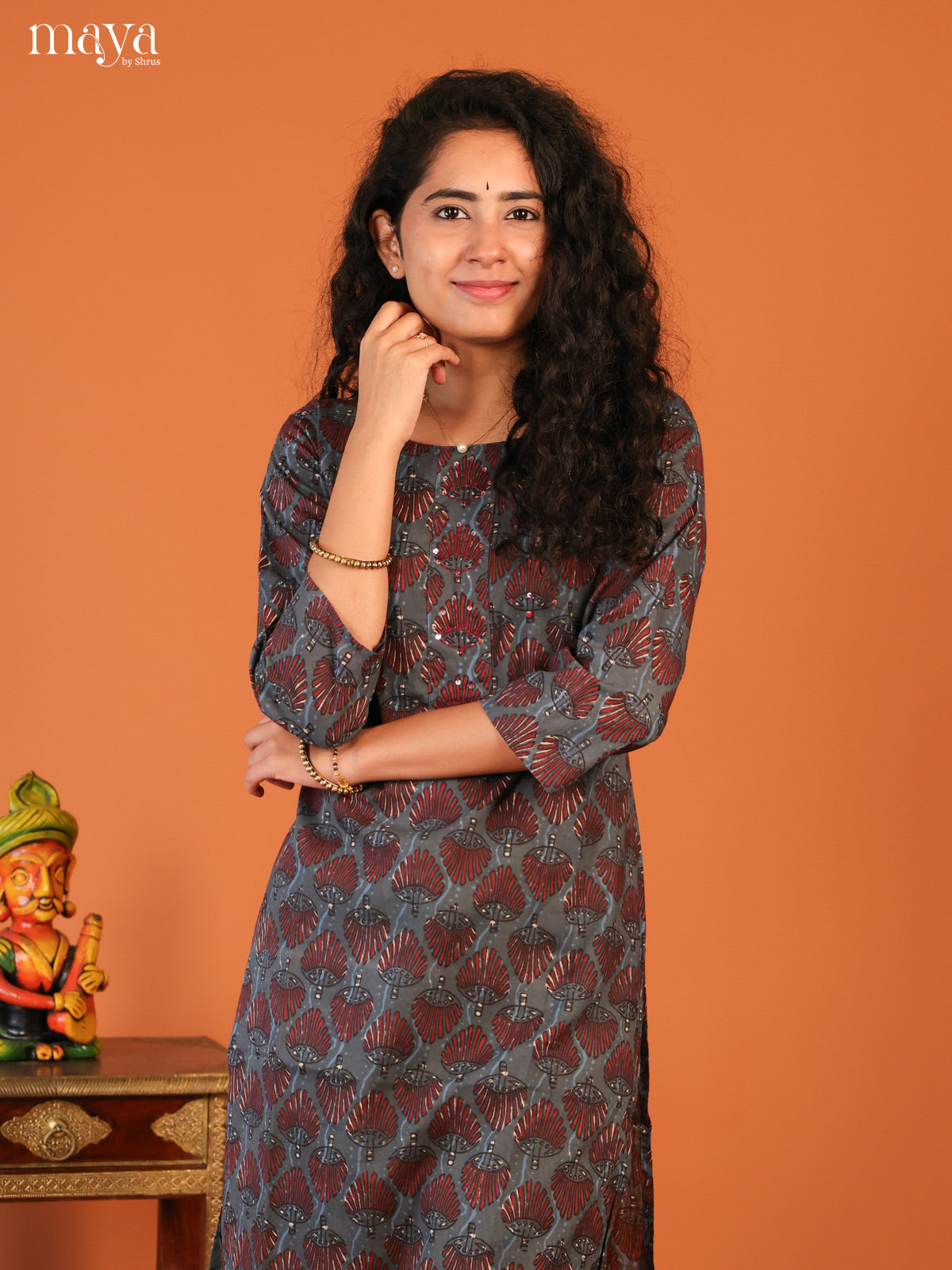 Grey Floral Printed Cotton Kurti