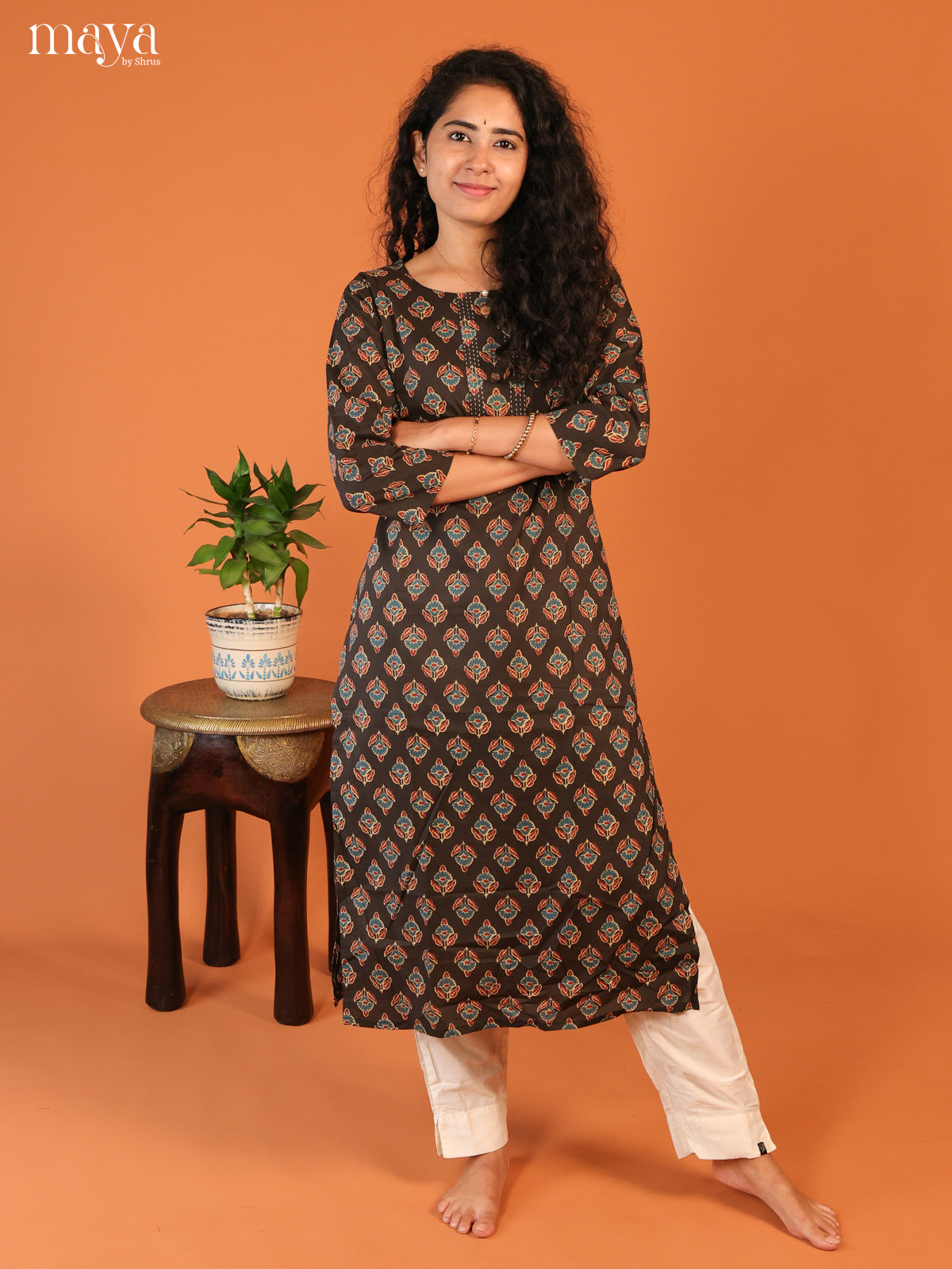 Floral Printed Browm Cotton Kurti
