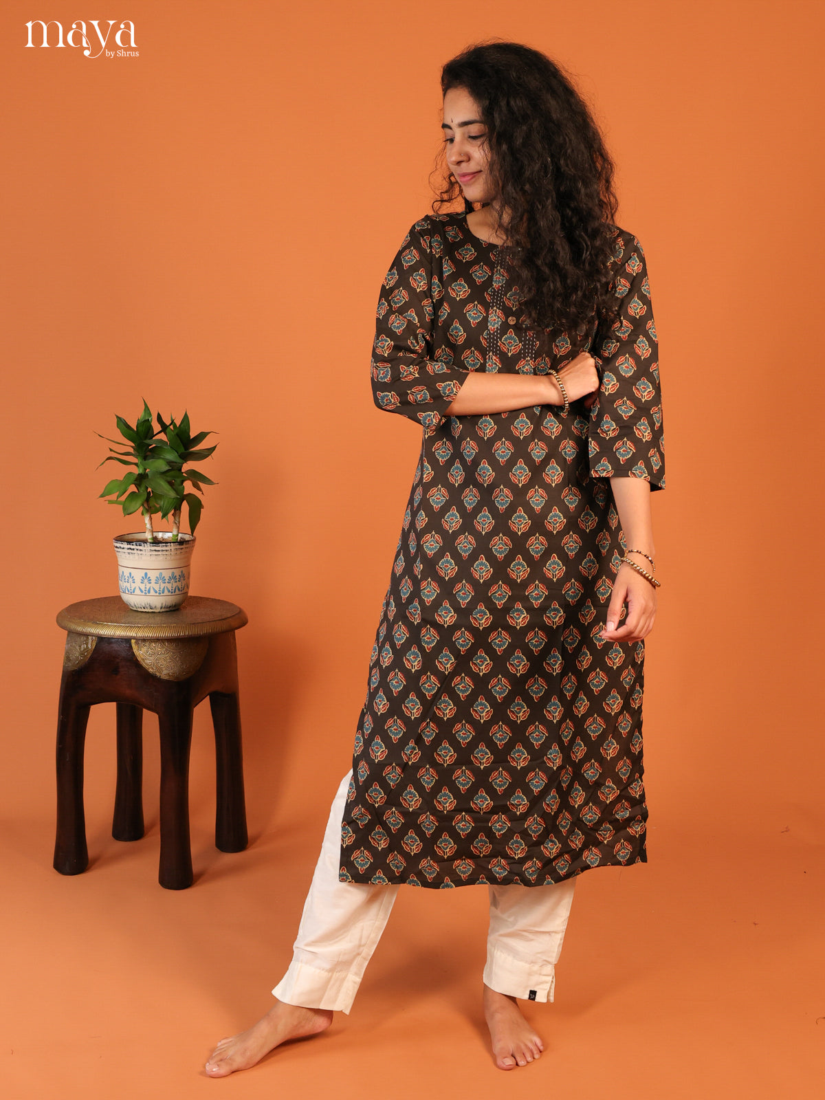 Floral Printed Browm Cotton Kurti