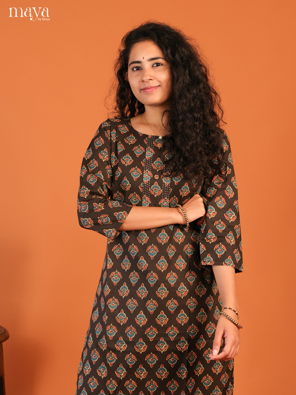 Floral Printed Browm Cotton Kurti