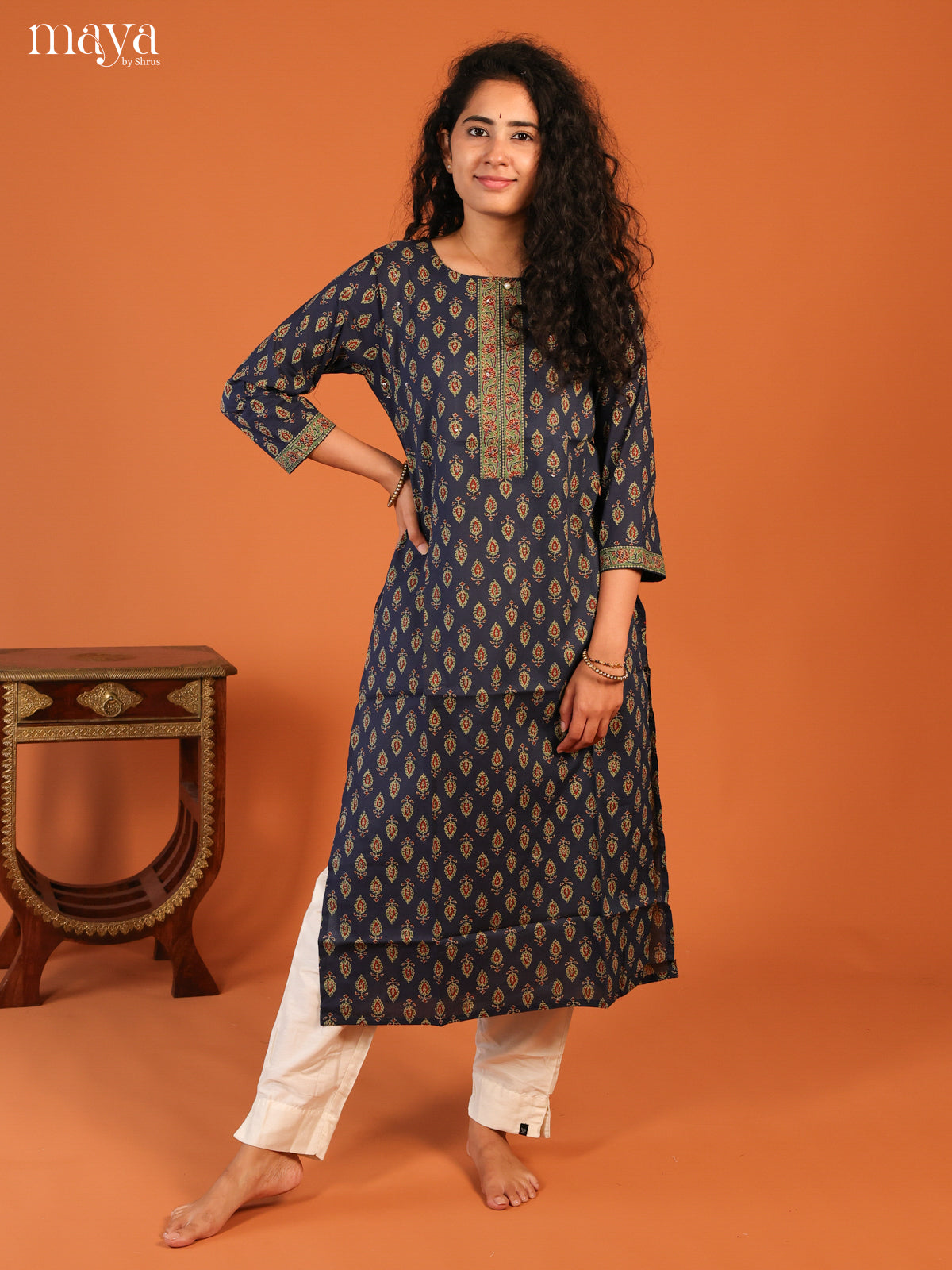 Floral Printed Blue Cotton Kurti