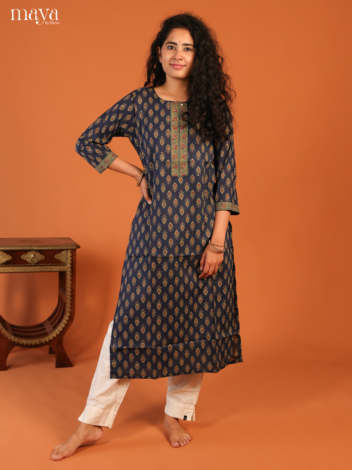 Floral Printed Blue Cotton Kurti