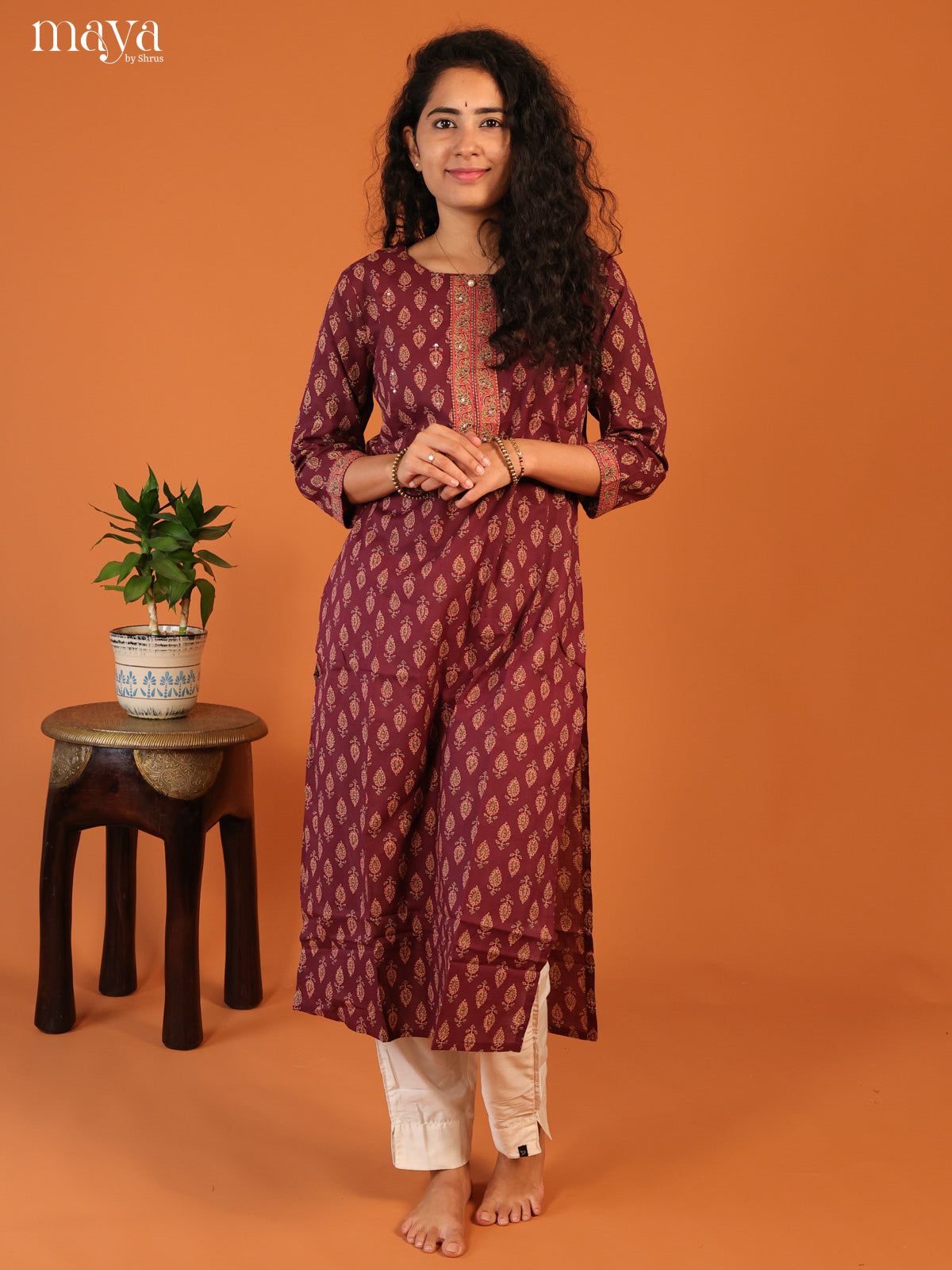 Magenta Floral Printed Cotton Kurti