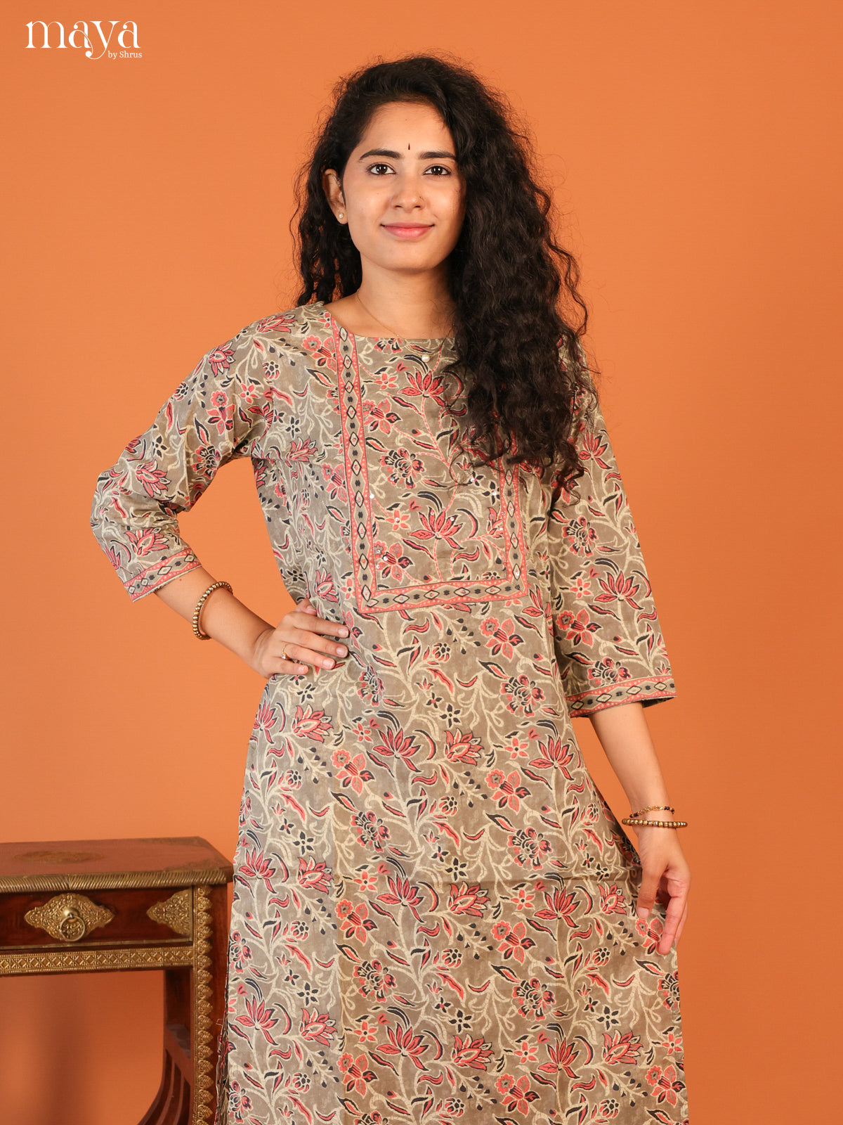Grey Floral Printed Cotton Kurti