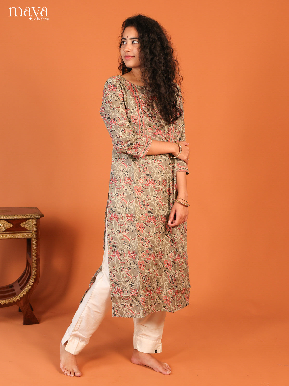 Grey Floral Printed Cotton Kurti