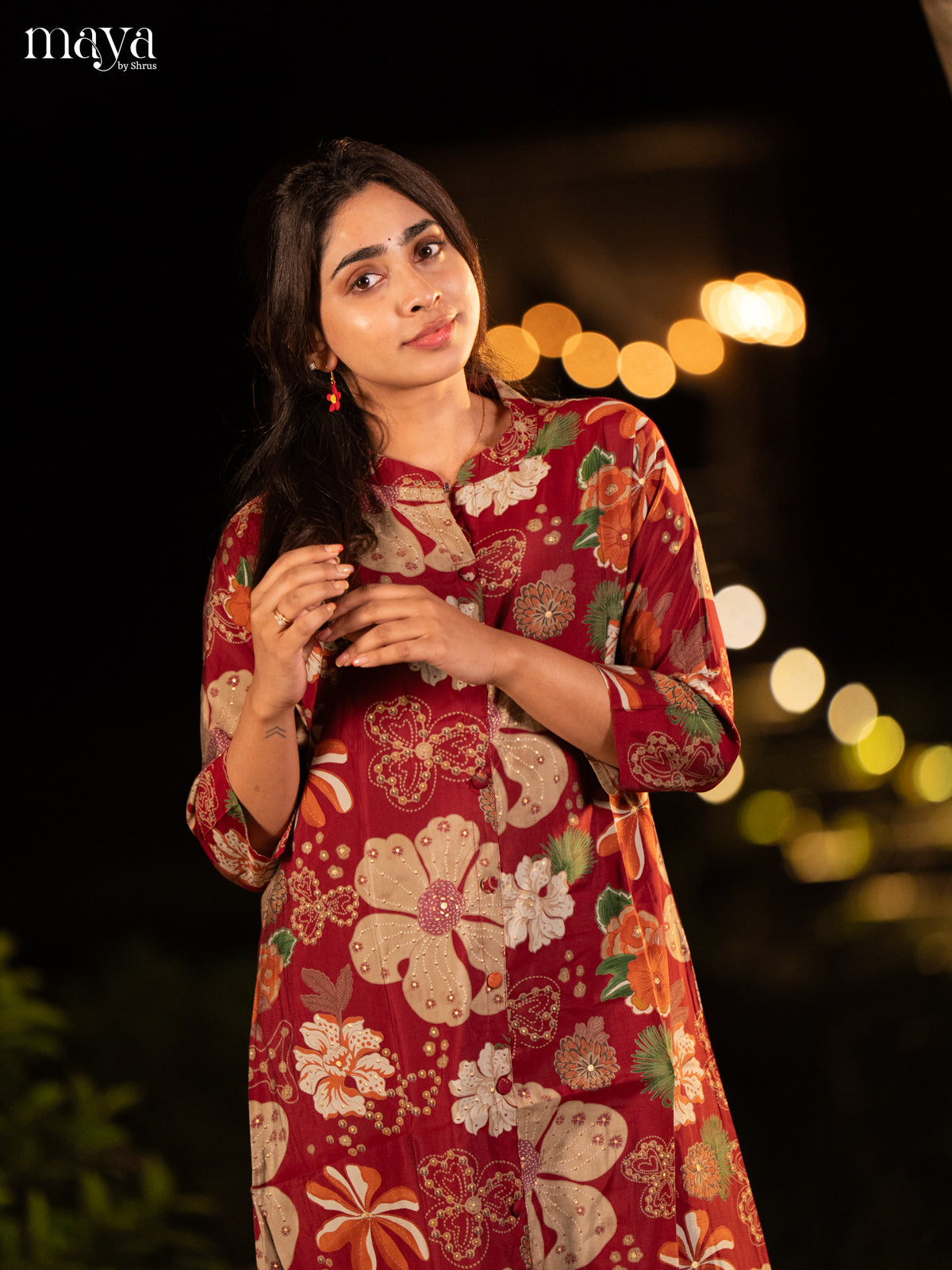 Floral Printed Maroon Rayon Kurti