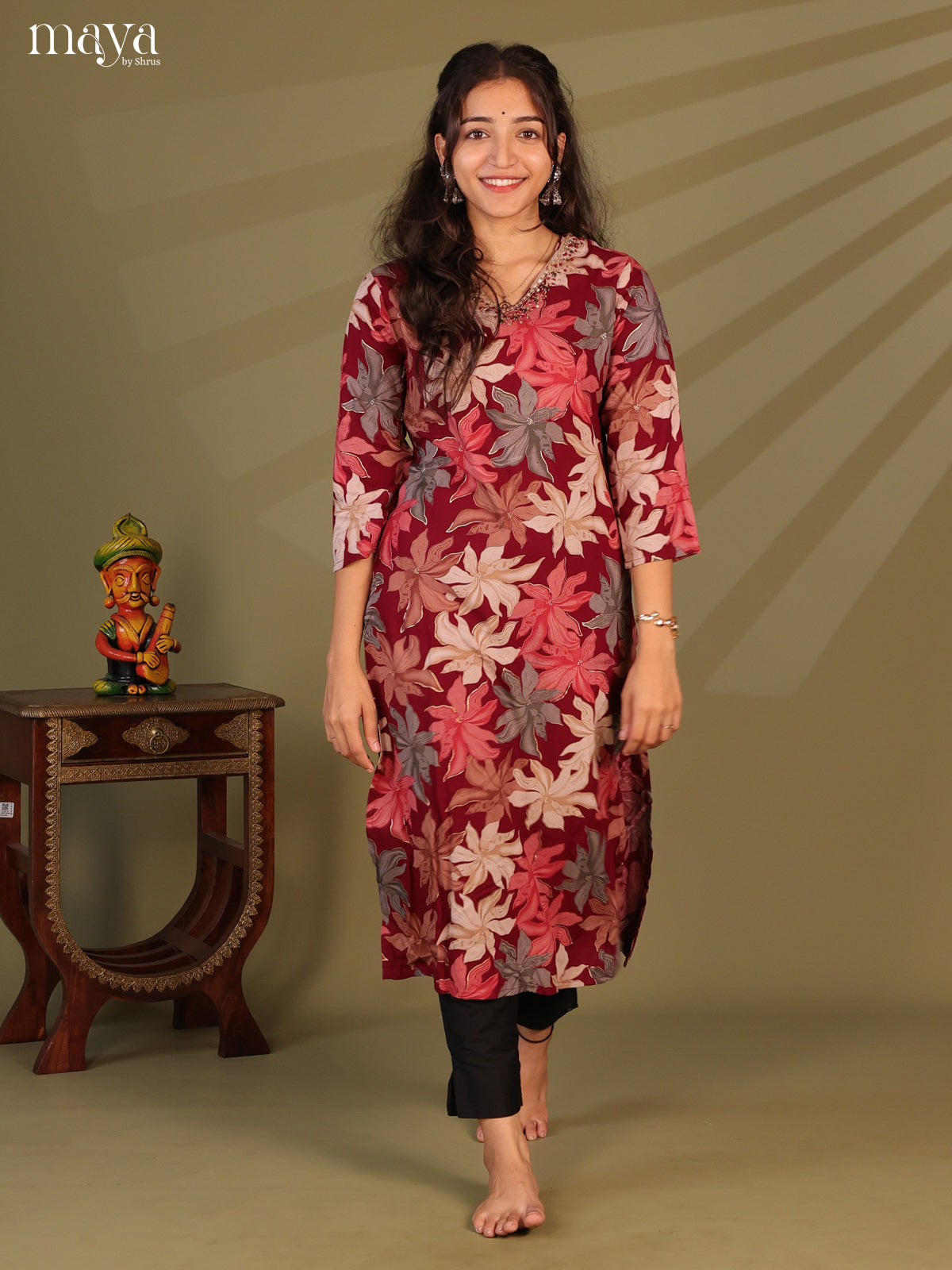 Maroon Floral Printed Rayon Kurti