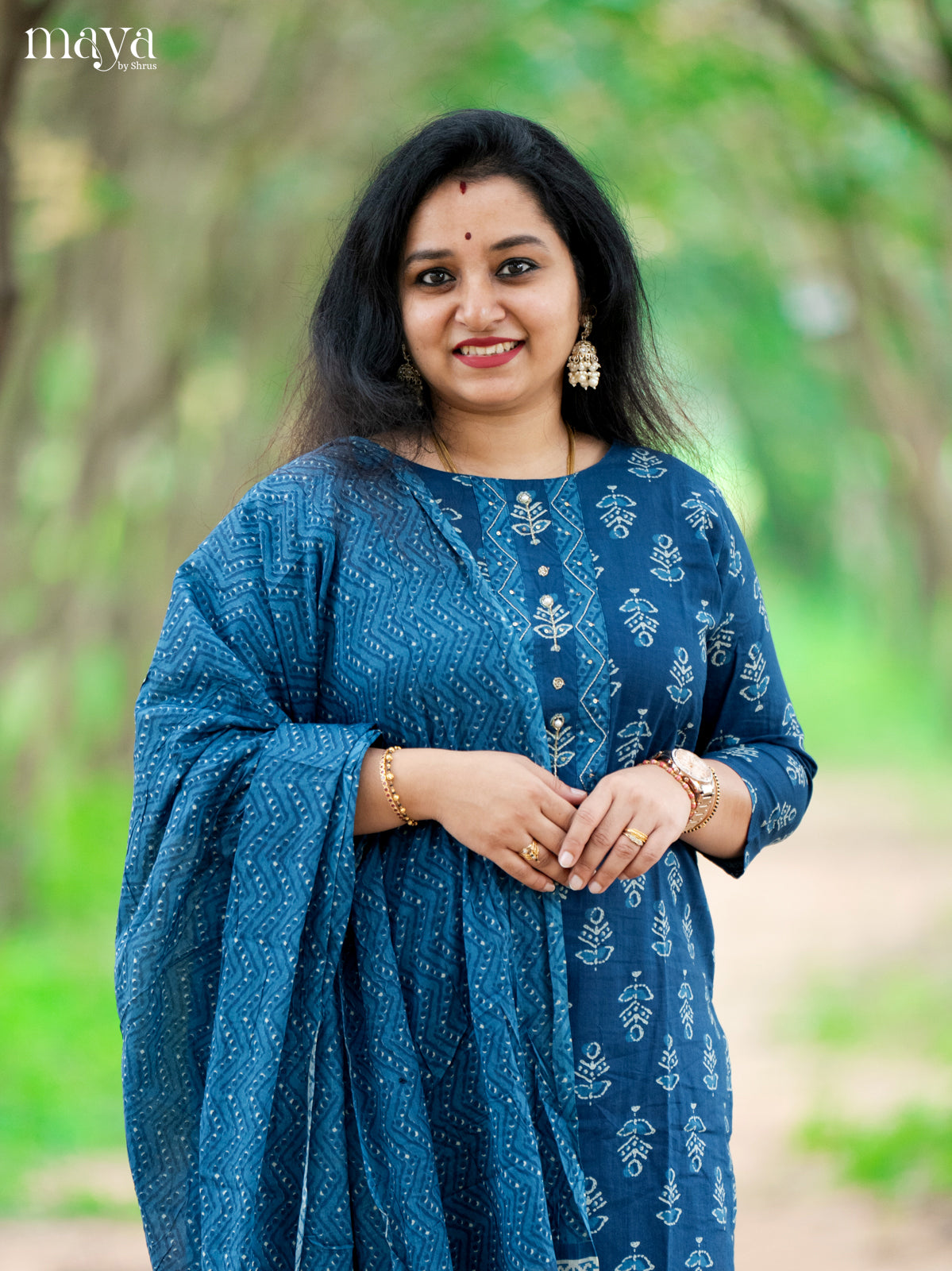 Blue Cotton 3Pc Salwar Suit Floral Print - Top, Bottom & Dupatta - Shop on Shrus.com