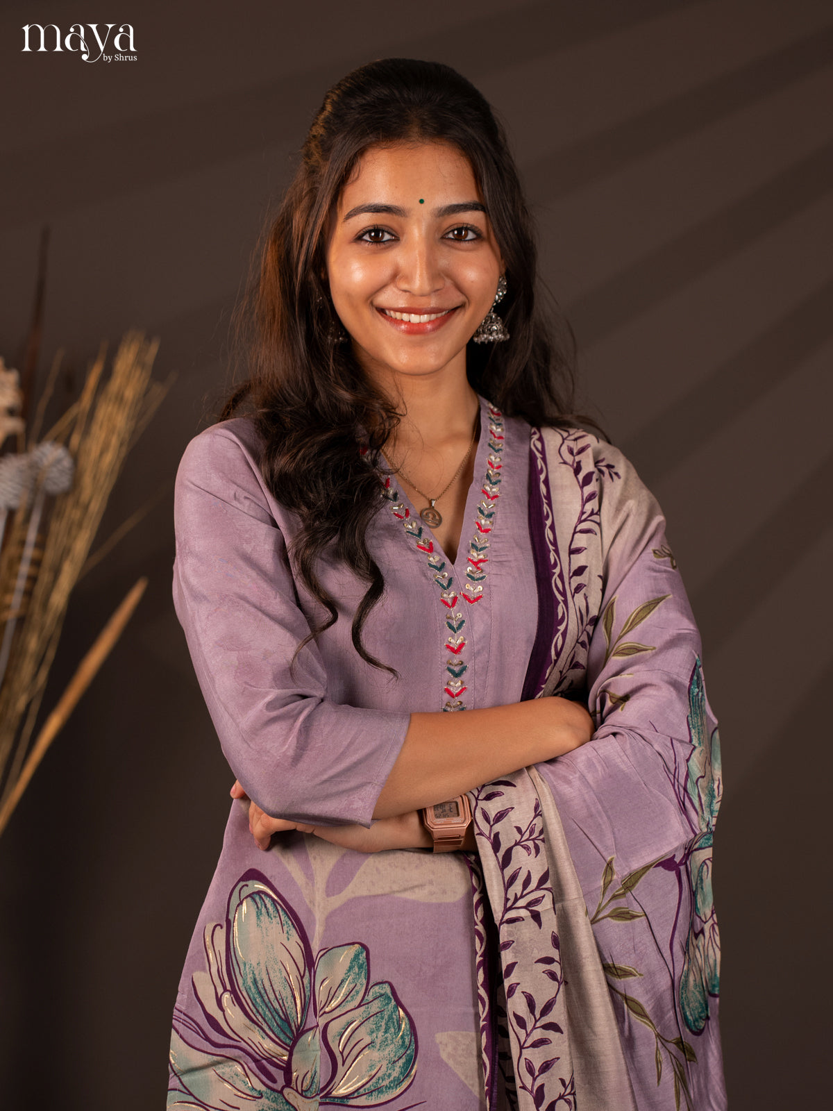Lavender Rayon 3Pc Salwar Suit with Floral Print - Top, Bottom & Dupatta