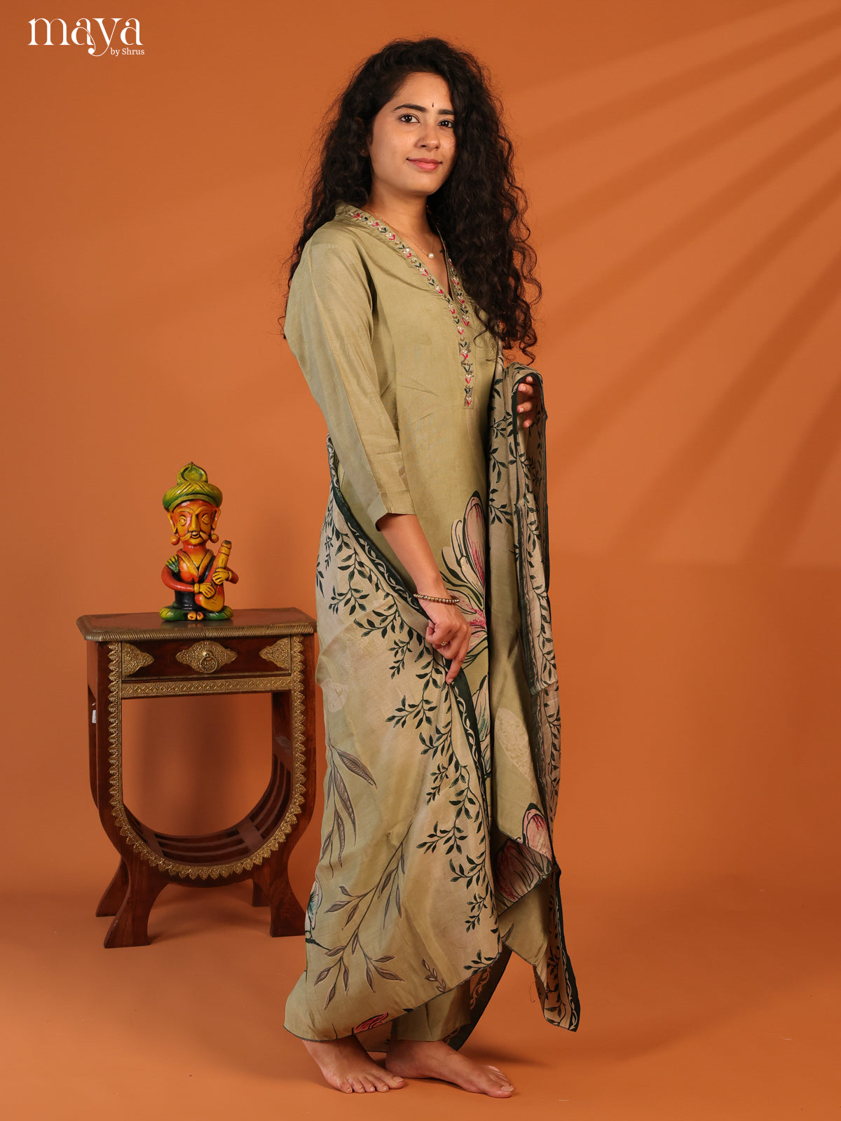 Green Rayon 3Pc Salwar Suit with Floral Print - Top, Bottom & Dupatta