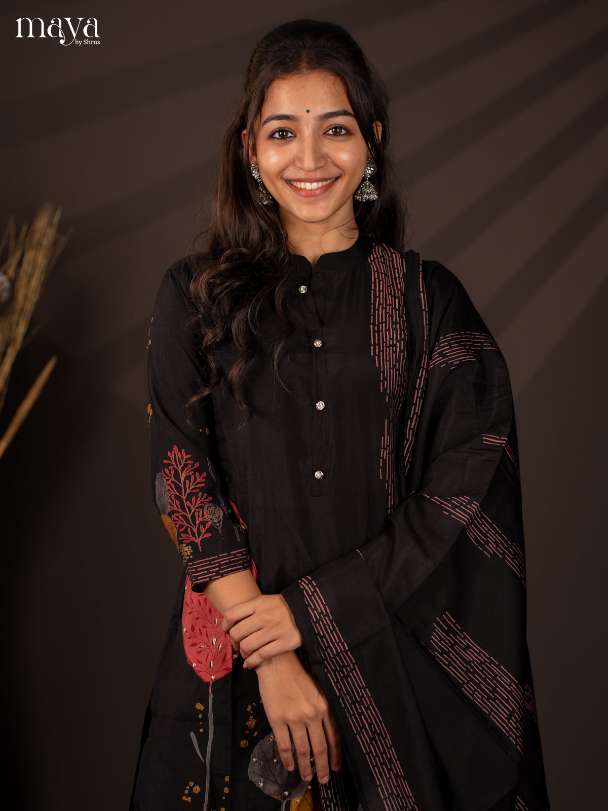 Black Rayon 3Pc Salwar Suit with Floral Print - Top, Bottom & Dupatta
