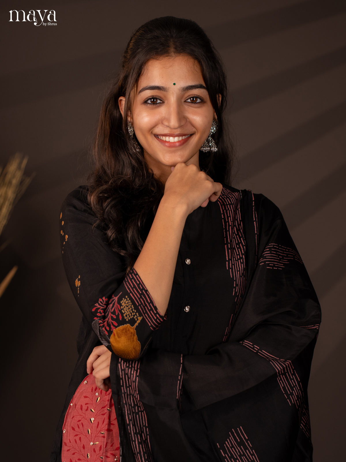 Black Rayon 3Pc Salwar Suit with Floral Print - Top, Bottom & Dupatta