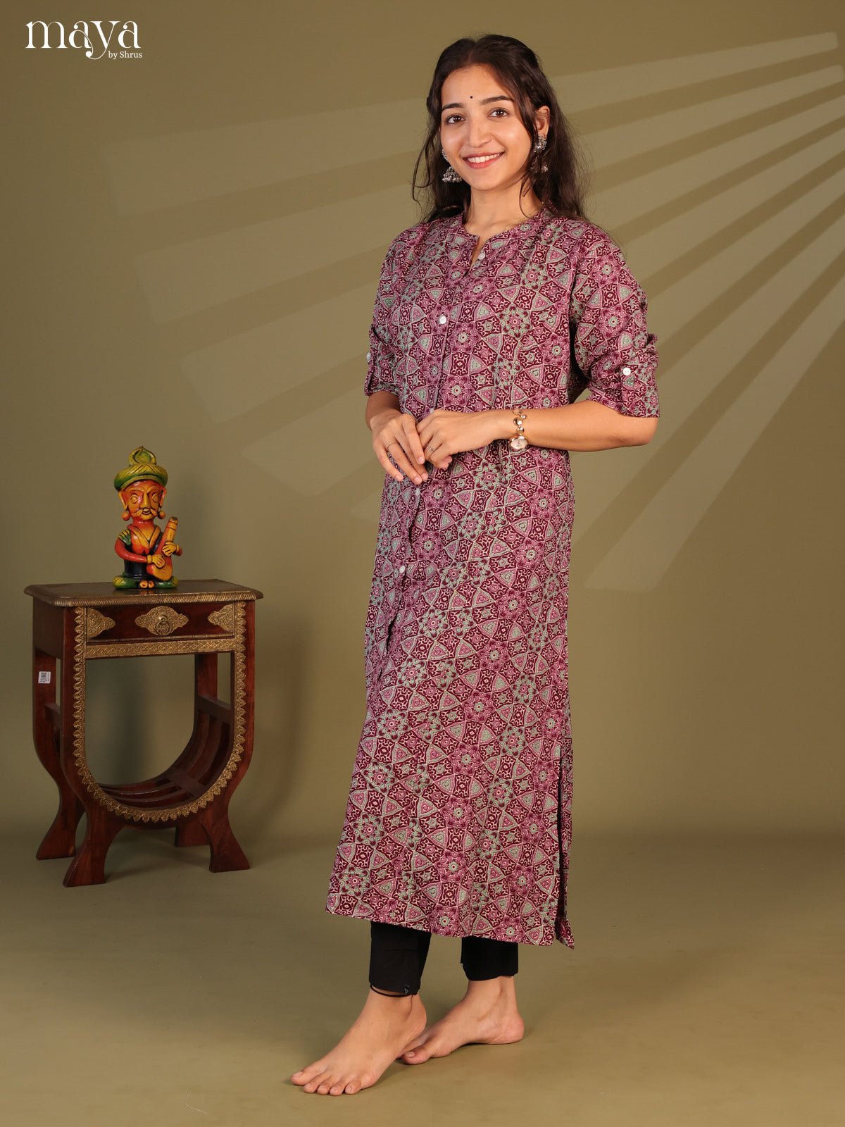 Maroon Ajrakh Printed Rayon Kurti