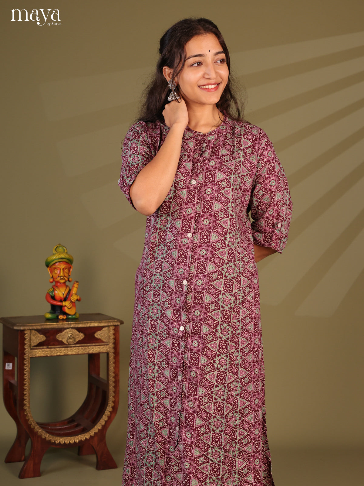 Maroon Ajrakh Printed Rayon Kurti