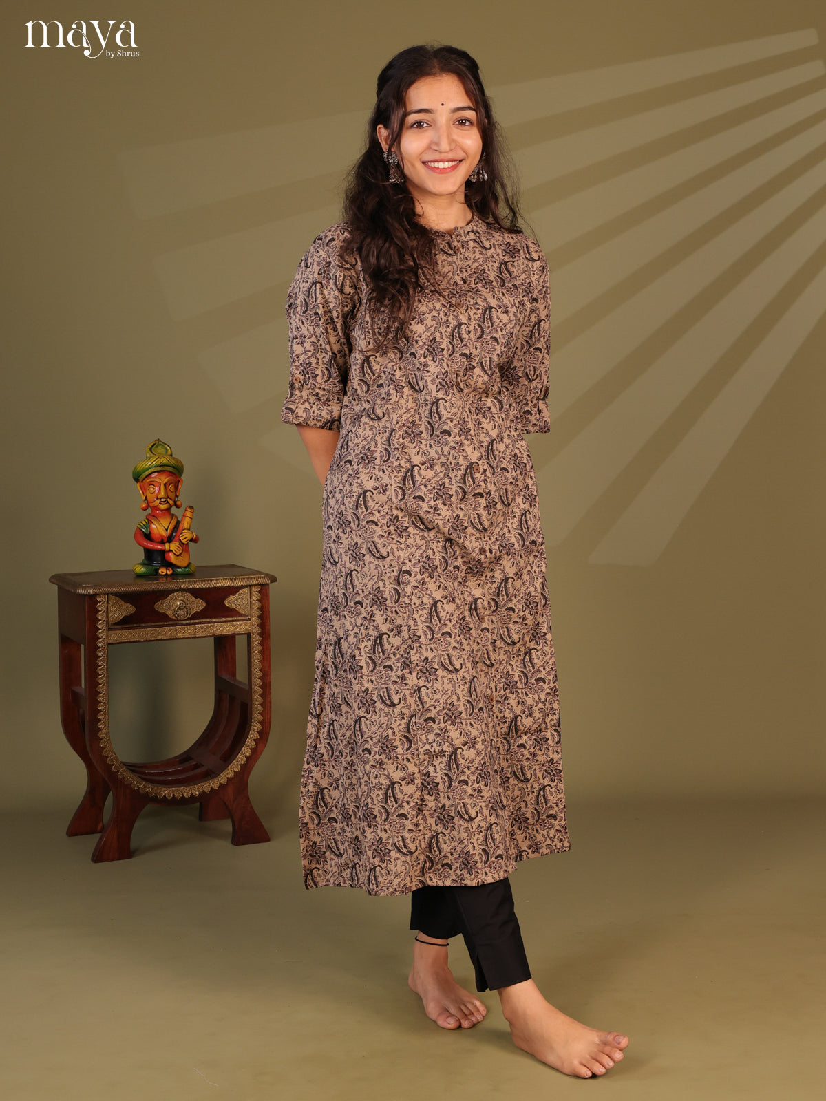 Brown Floral Printed Cotton Kurti