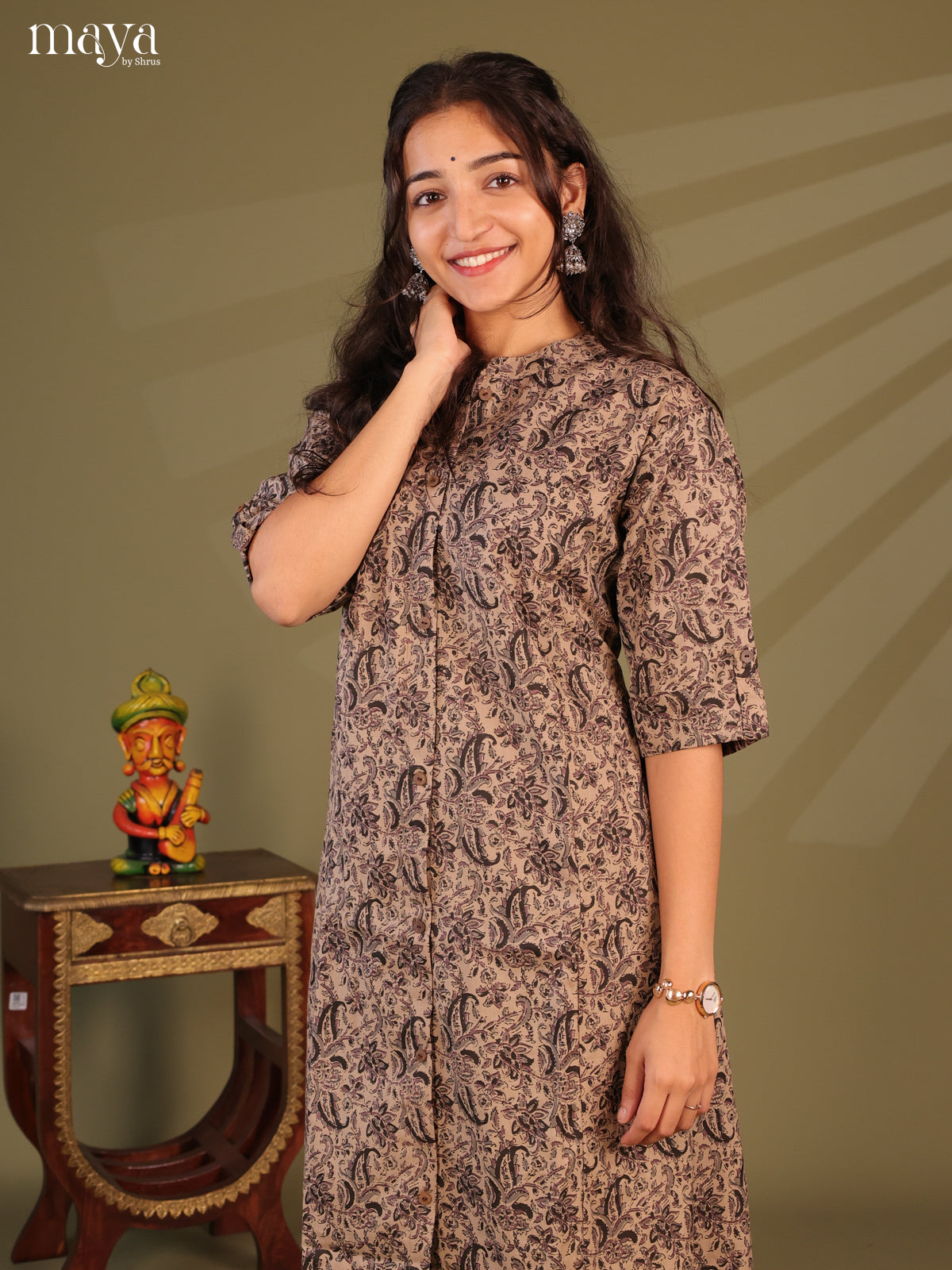 Brown Floral Printed Cotton Kurti