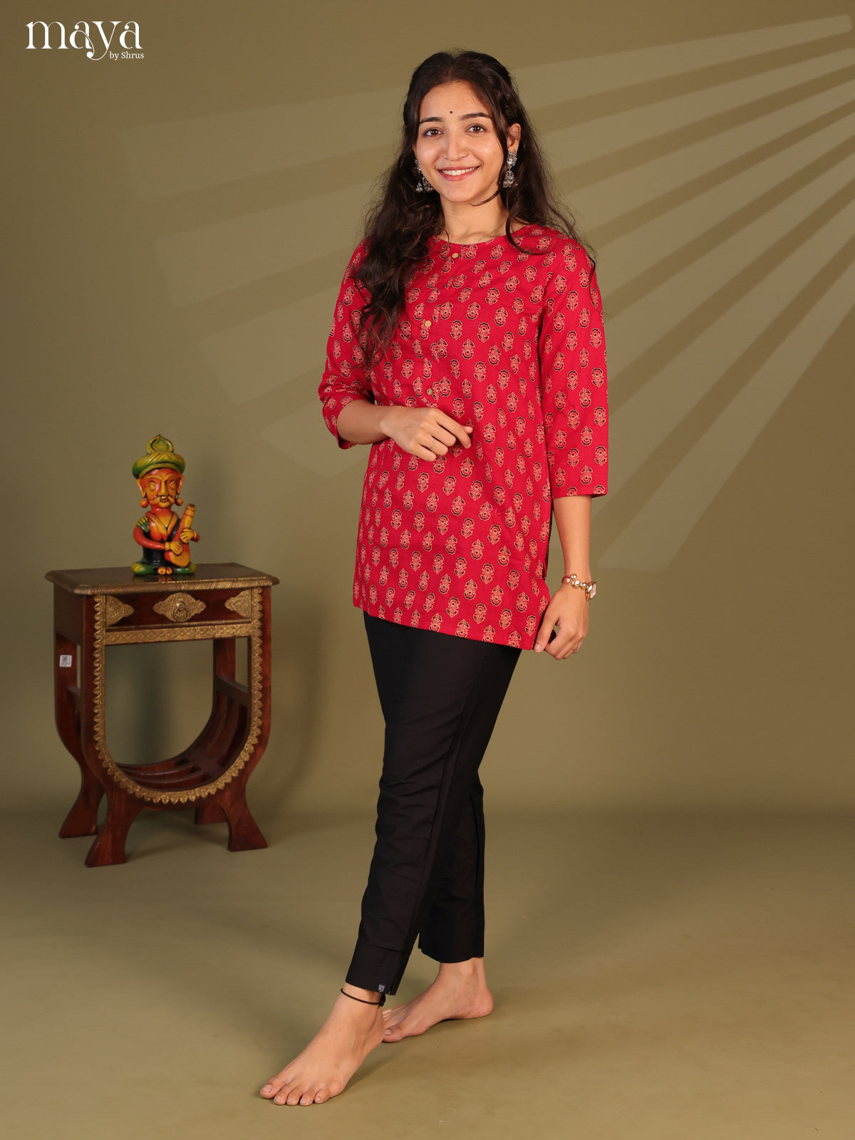Floral Printed Red Cotton Short Kurti