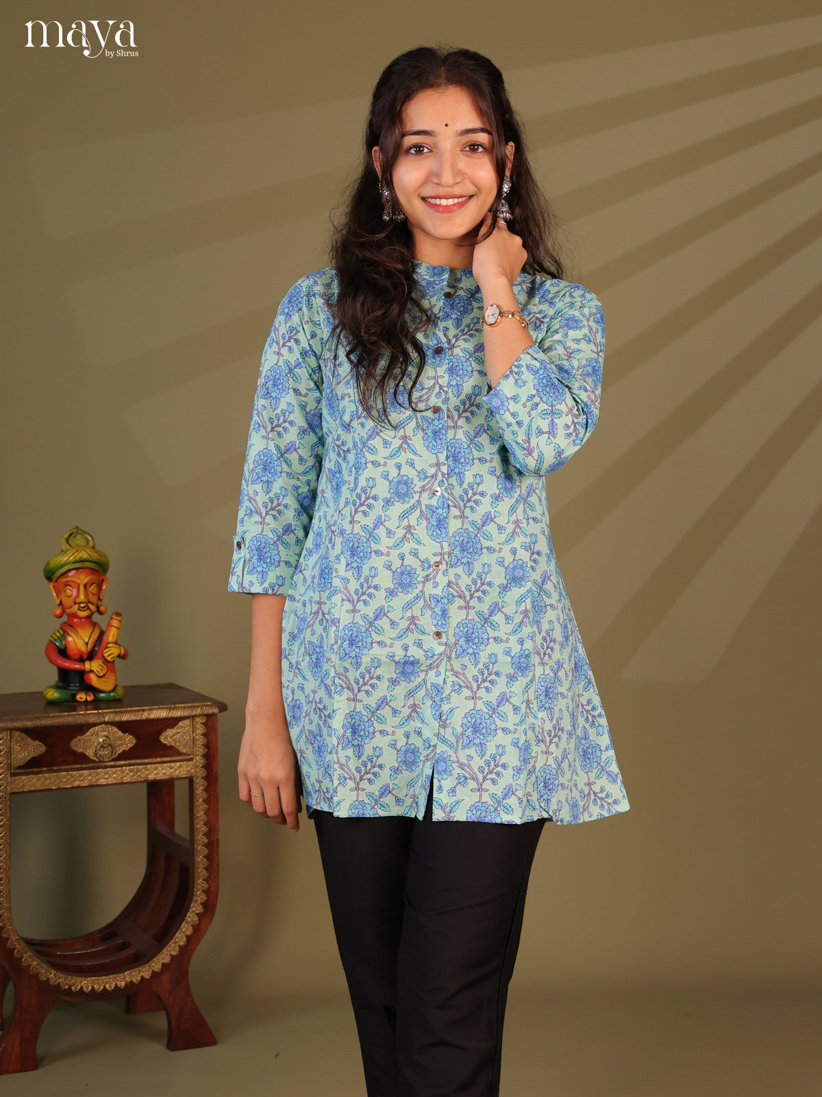 Floral Printed Blue Cotton Short Kurti