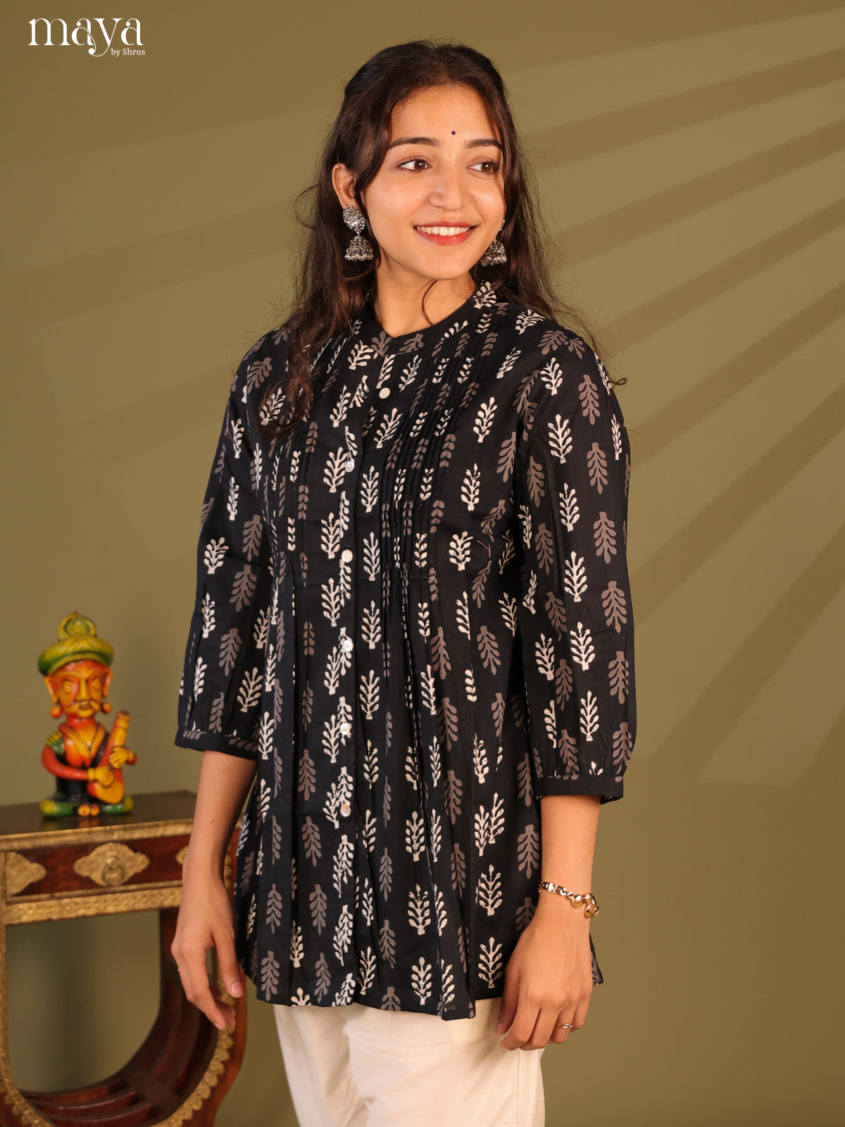 Floral Printed Black Cotton Short Kurti