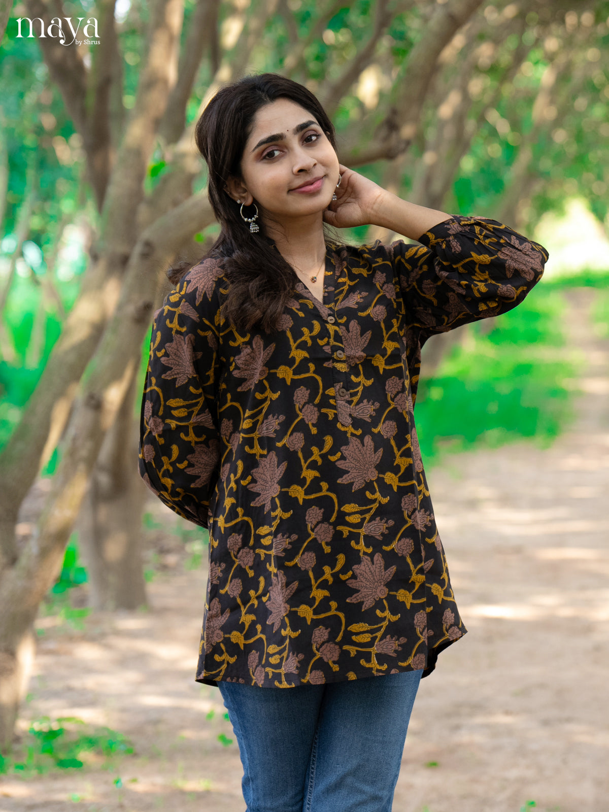 Floral Printed Brown Rayon Short Kurti