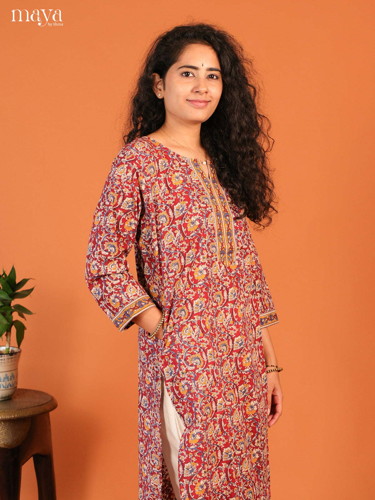 Maroon Floral Printed Cotton Kurti