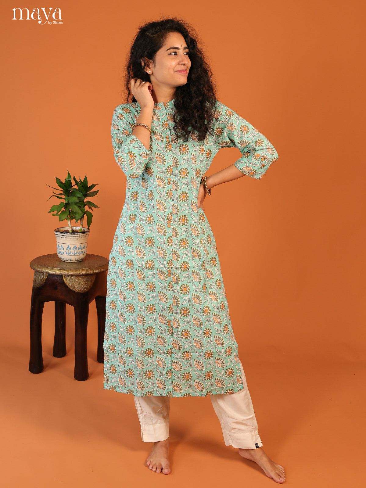 Blue Floral Printed Cotton Kurti