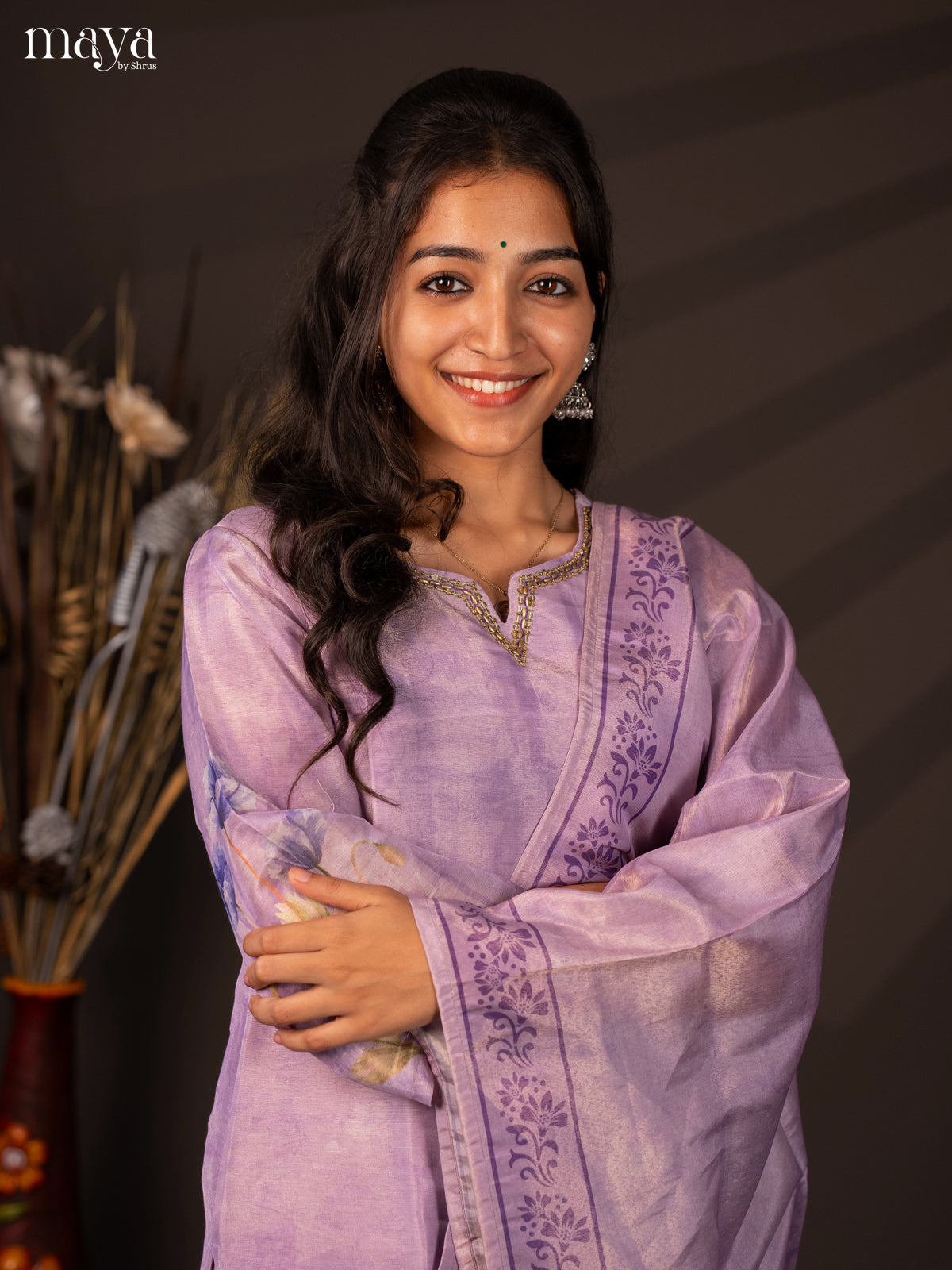 Lavender Chanderi 3Pc Salwar Suit with Floral Print - Top, Bottom & Dupatta