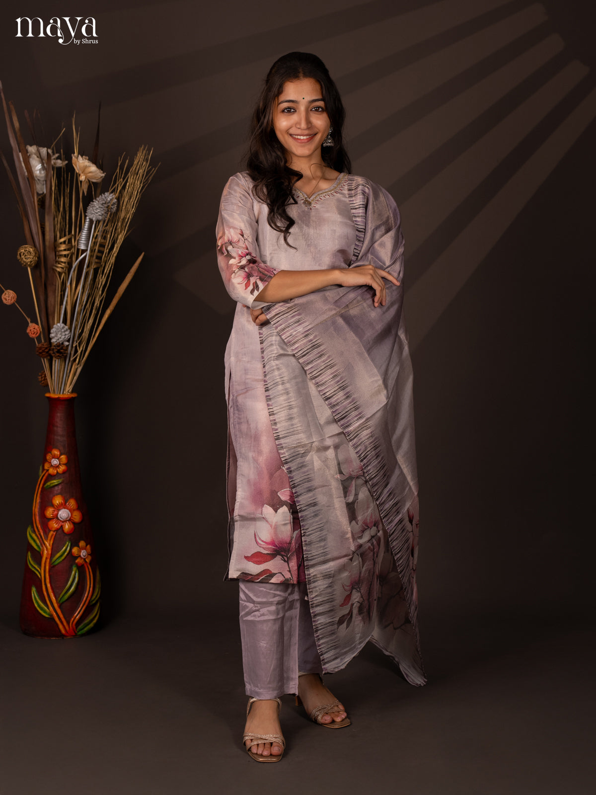 Lavender Chanderi 3Pc Salwar Suit with Floral Print - Top, Bottom & Dupatta