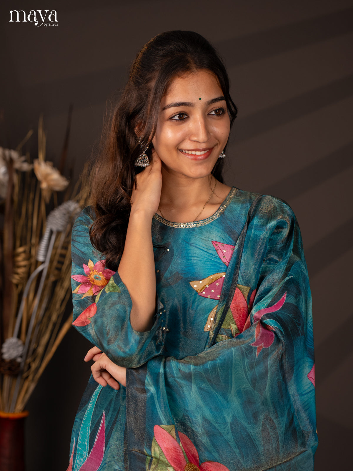Blue Semi organza 3Pc Salwar Suit with Floral Print - Top, Bottom & Dupatta