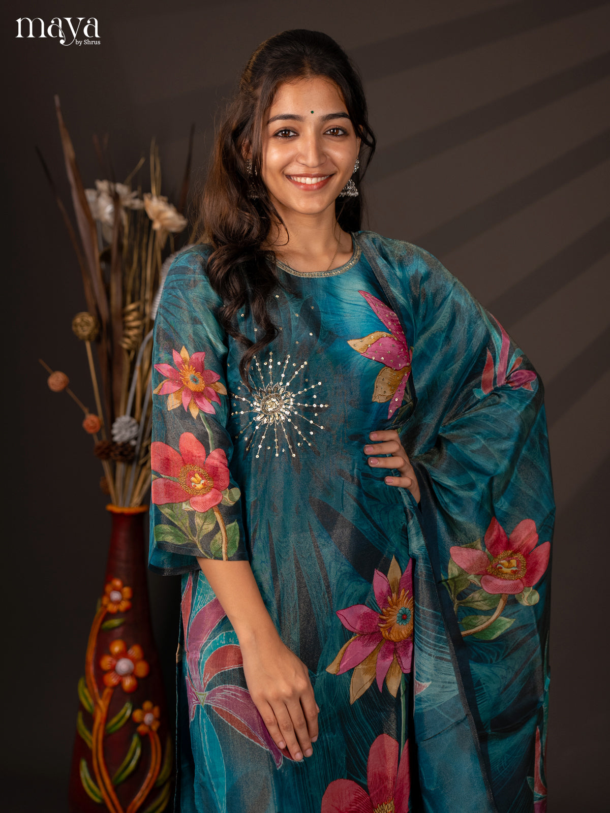 Blue Semi organza 3Pc Salwar Suit with Floral Print - Top, Bottom & Dupatta