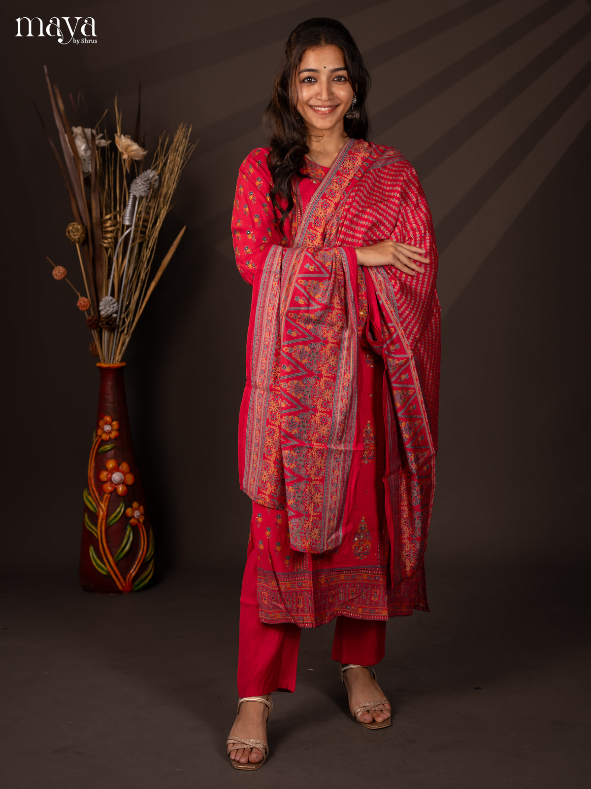 Pink Rayon 3Pc Salwar Suit with Floral Print - Top, Bottom & Dupatta