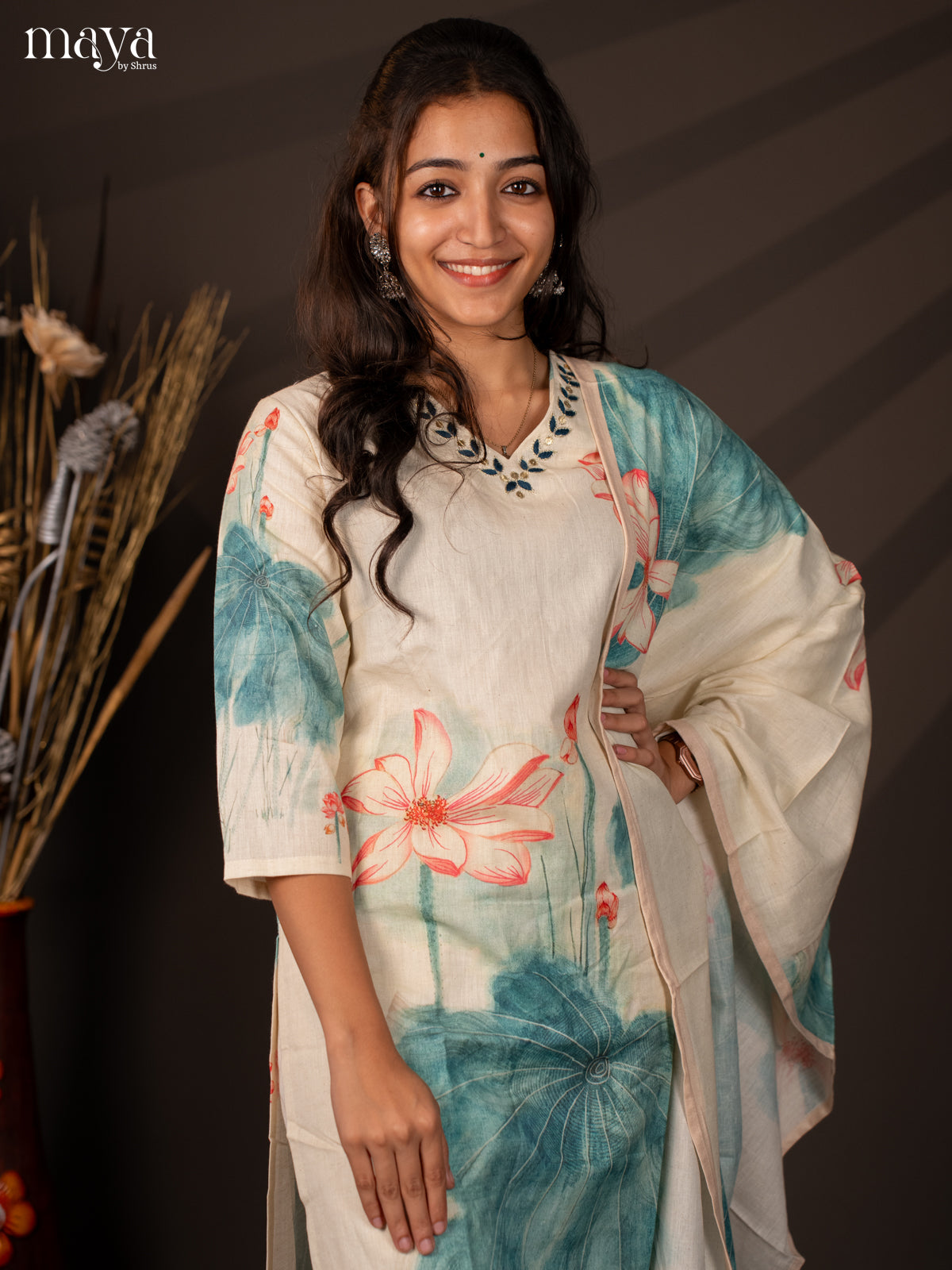 Cream Cotton 3Pc Salwar Suit With Floral Print - Top , Bottom & Dupatta