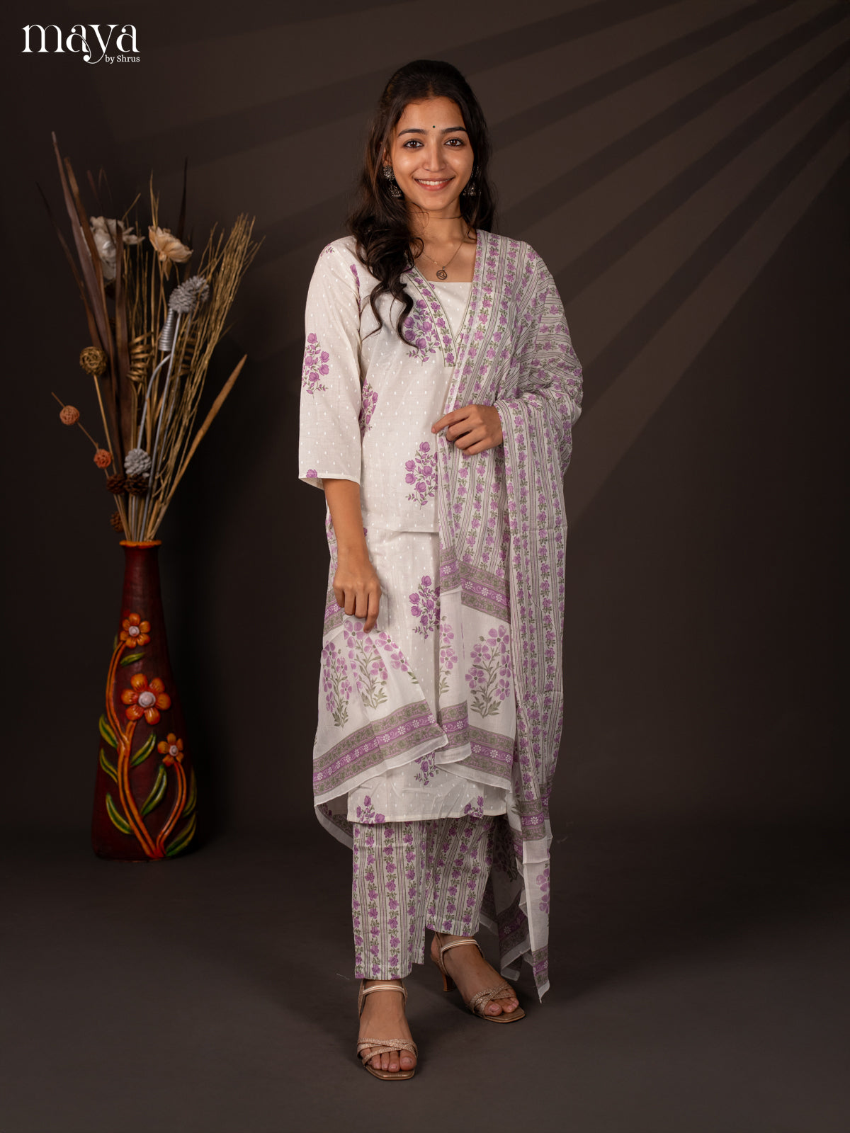 Cream Cotton 3Pc Salwar Suit With Floral Print - Top , Bottom & Dupatta
