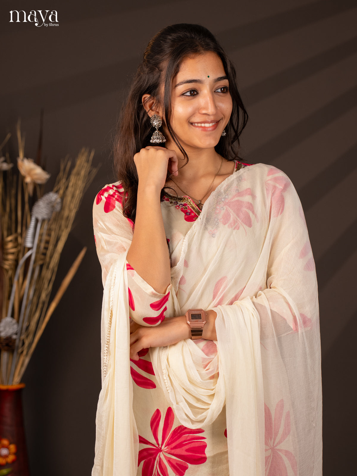 Cream Semi Georgette 3Pc Salwar Suit With Floral Print - Top ,Bottom & Dupatta
