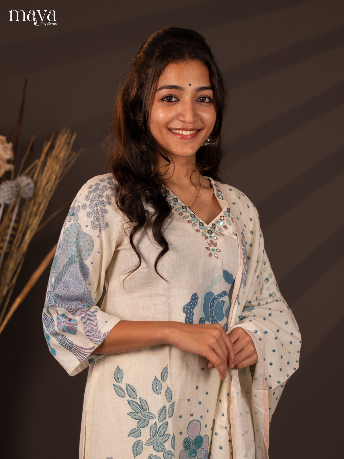 Cream Cotton 3Pc Salwar Suit With Floral Print - Top , Bottom & Dupatta