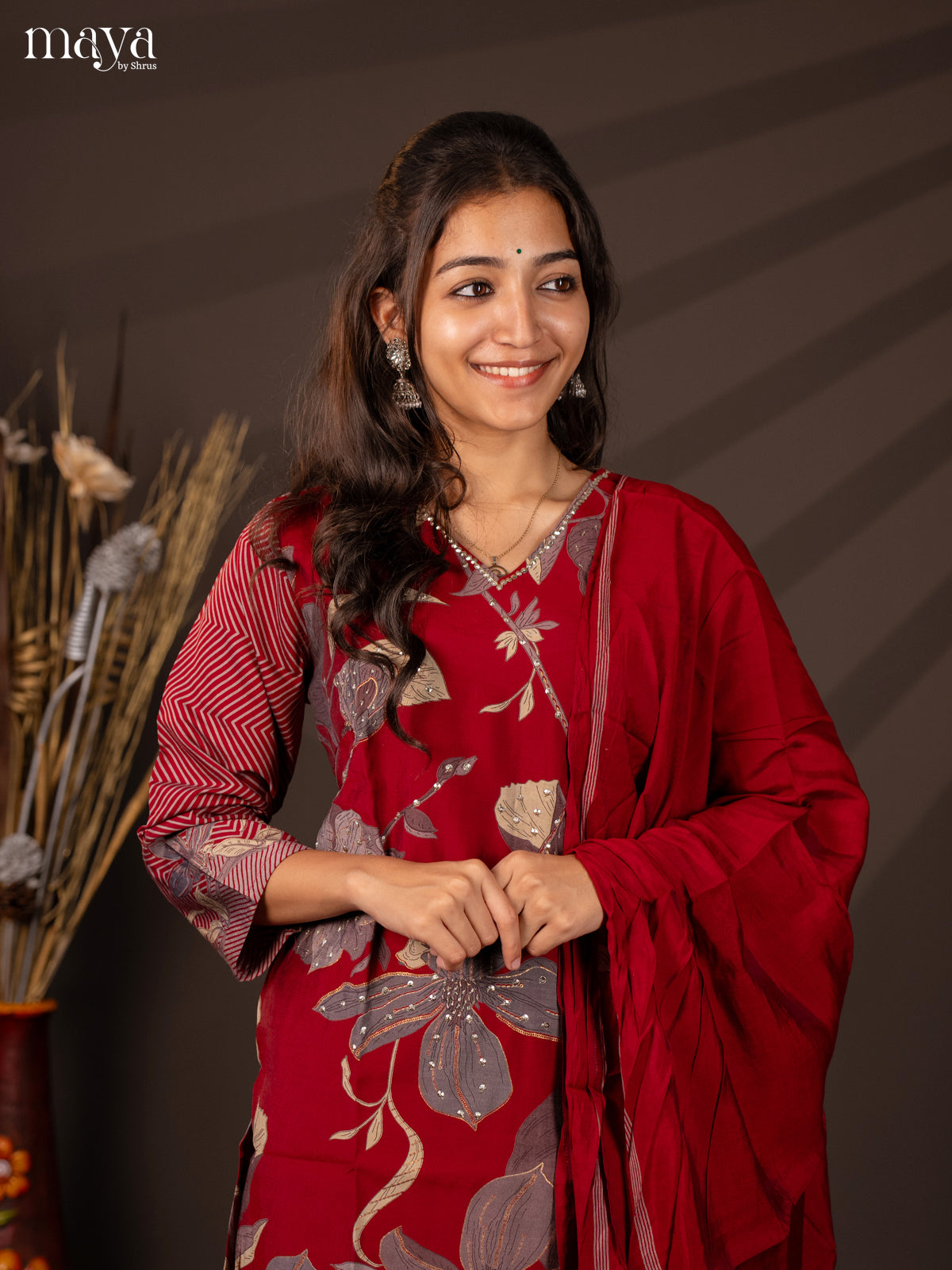 Red Rayon 3Pc Salwar Suit with Floral Print - Top, Bottom & Dupatta