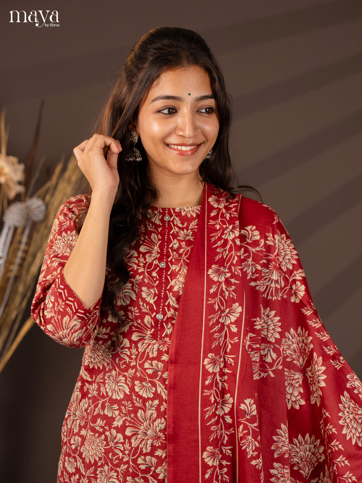 Maroon Cotton Mix 3Pc Salwar Suit With Floral Print - Top, Bottom & Dupatta
