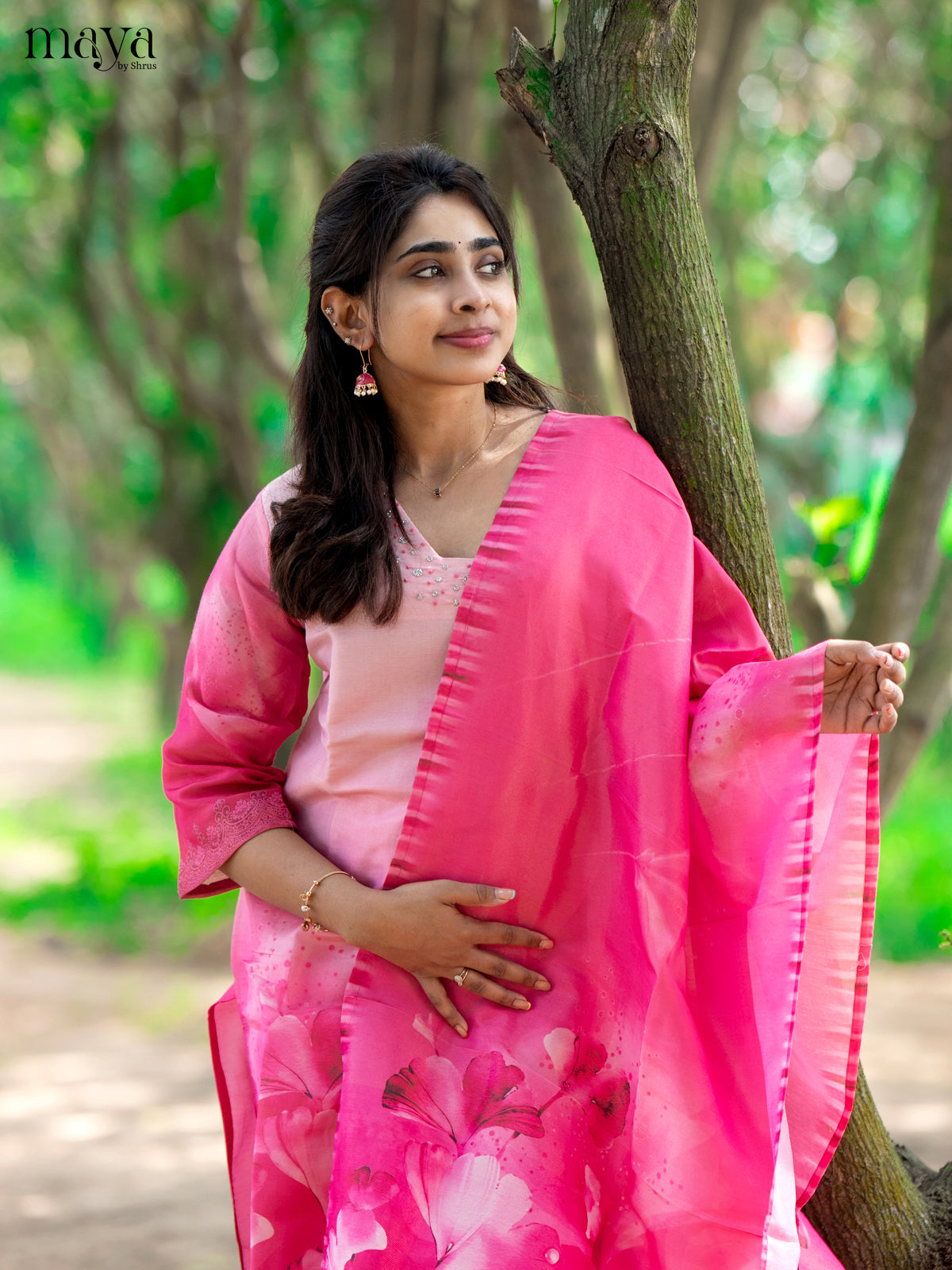 Pink Chanderi 3Pc Salwar Suit with Floral Print - Top, Bottom & Dupatta