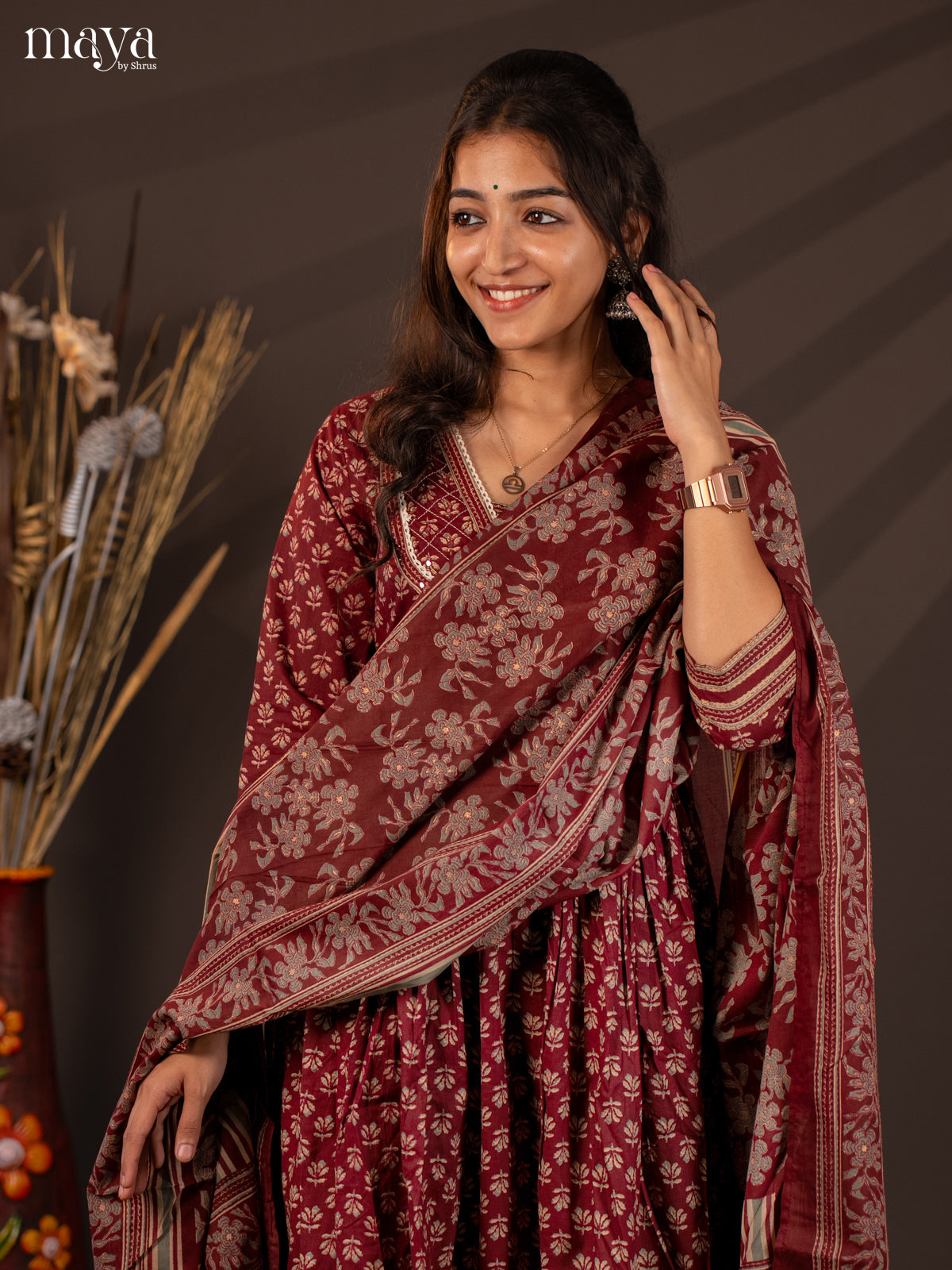 Maroon Cotton 3Pc Salwar Suit With Floral Print - Top, Bottom & Dupatta