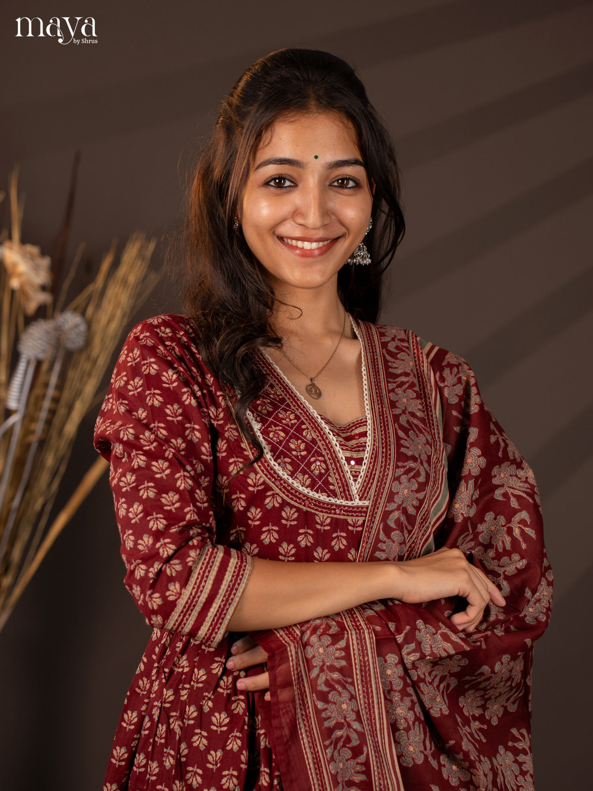 Maroon Cotton 3Pc Salwar Suit With Floral Print - Top, Bottom & Dupatta
