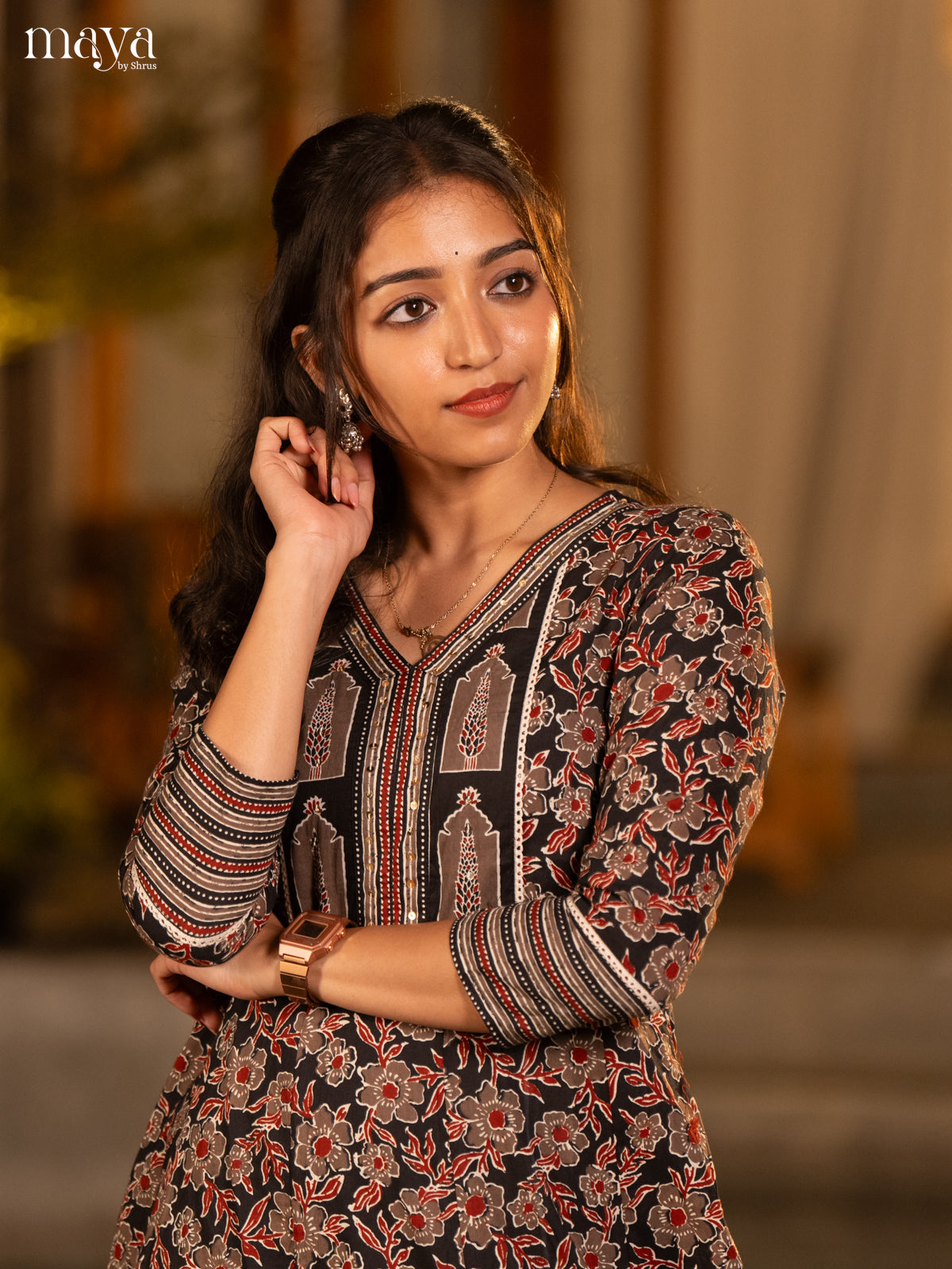 Floral Printed Black Cotton Kurti