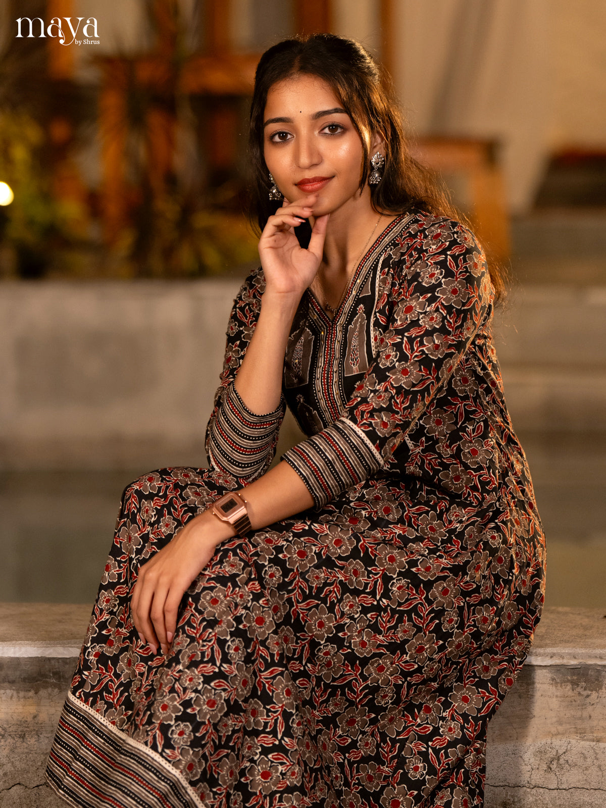 Floral Printed Black Cotton Kurti
