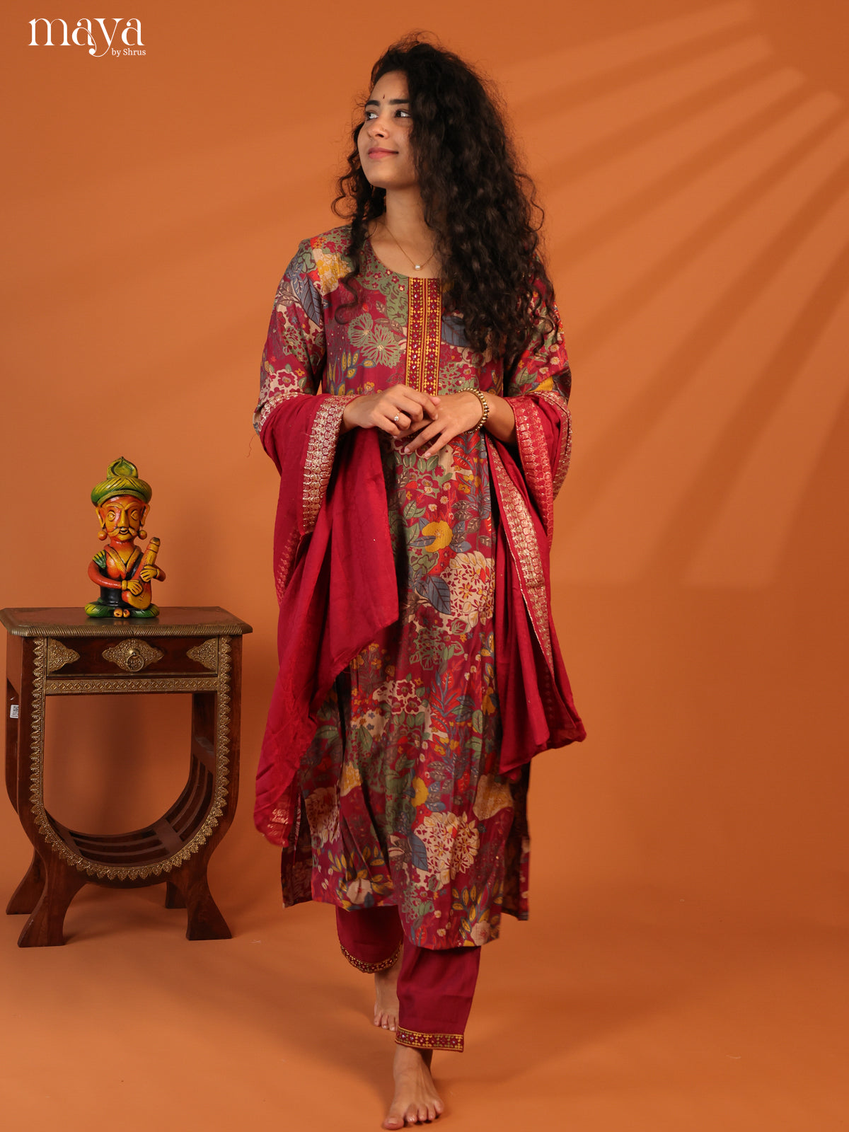 Maroon Linen Cotton 3Pc Salwar Suit With Floral Print - Top, Bottom & Dupatta