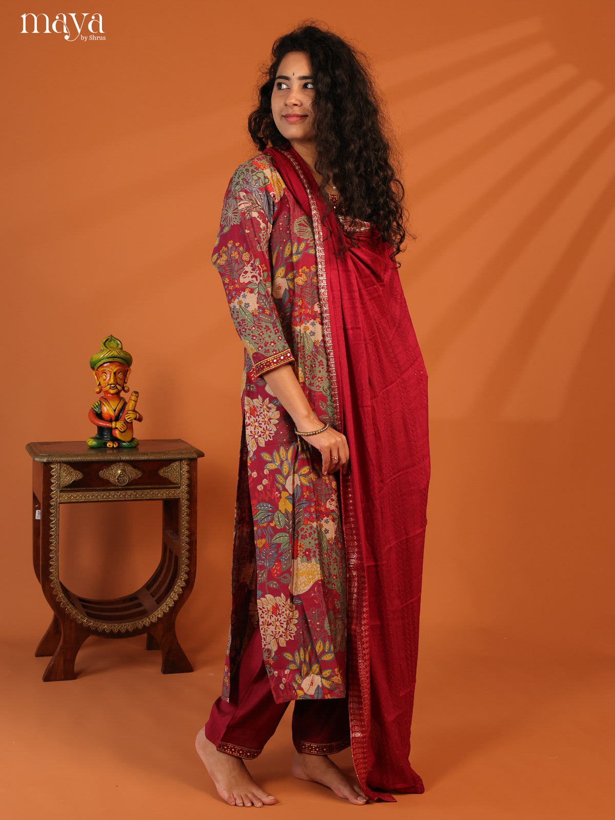 Maroon Linen Cotton 3Pc Salwar Suit With Floral Print - Top, Bottom & Dupatta