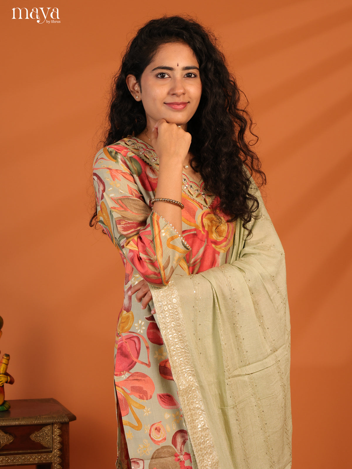 Green Linen Cotton 3Pc Salwar Suit With Floral Print - Top, Bottom & Dupatta