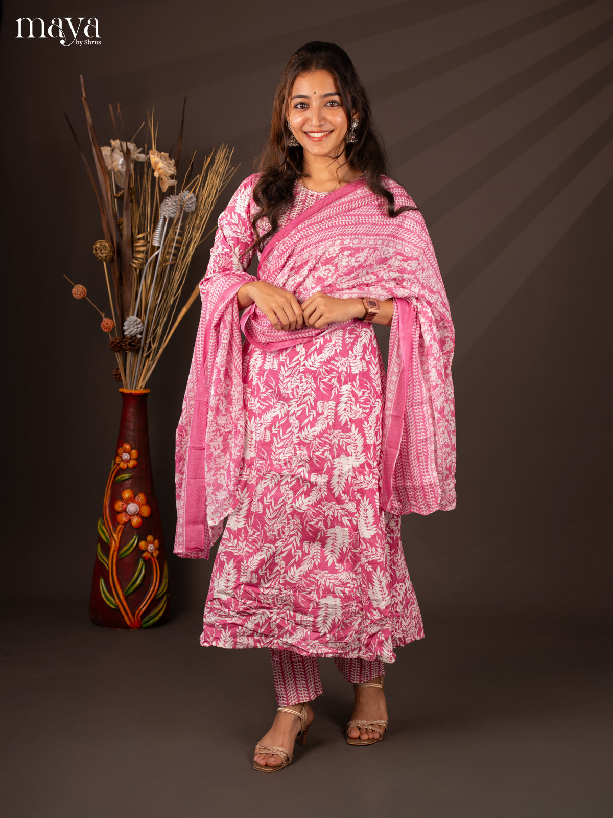Pink Cotton 3Pc Salwar Suit With Floral Print - Top, Bottom & Dupatta