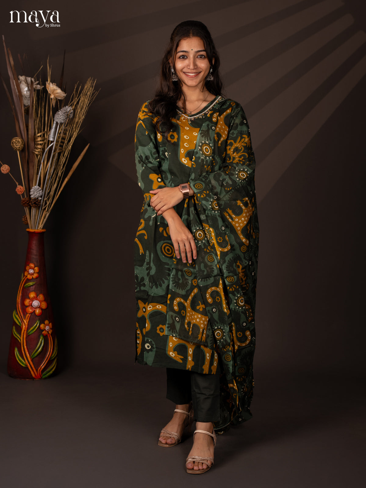 Green Cotton 3Pc Salwar Suit With Floral Print - Top.Bottom& Dupatta