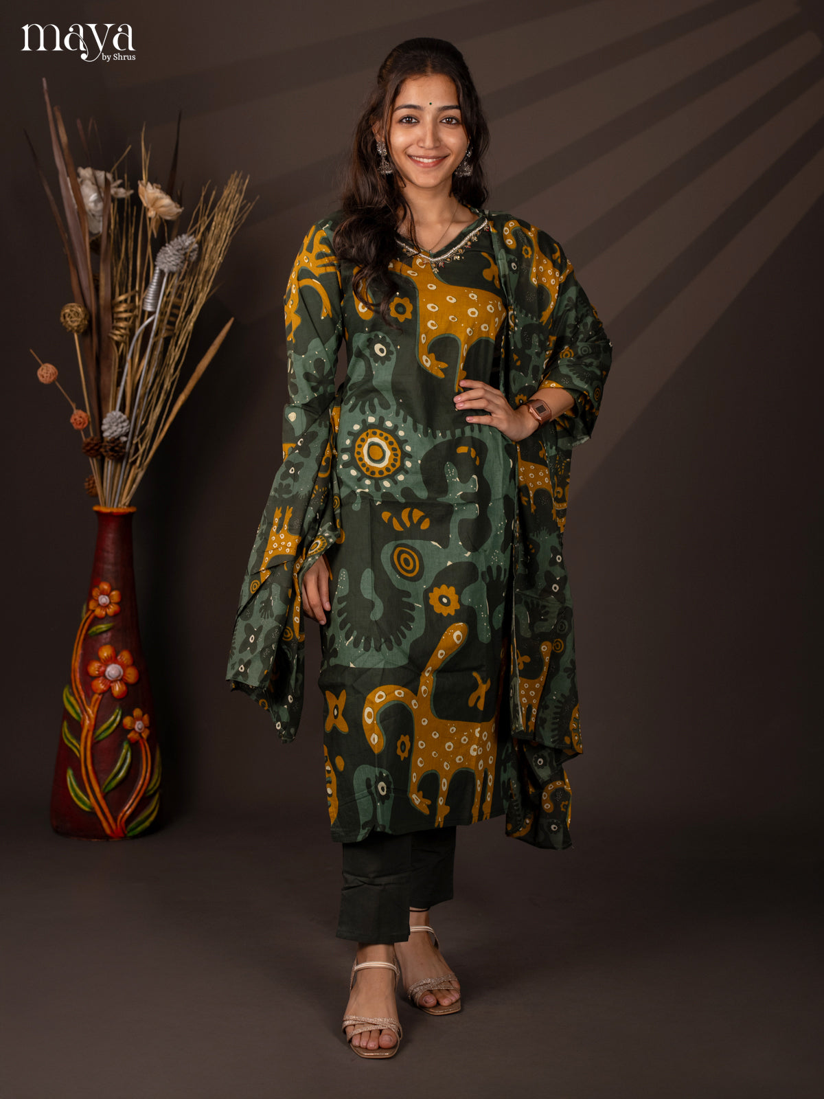 Green Cotton 3Pc Salwar Suit With Floral Print - Top.Bottom& Dupatta